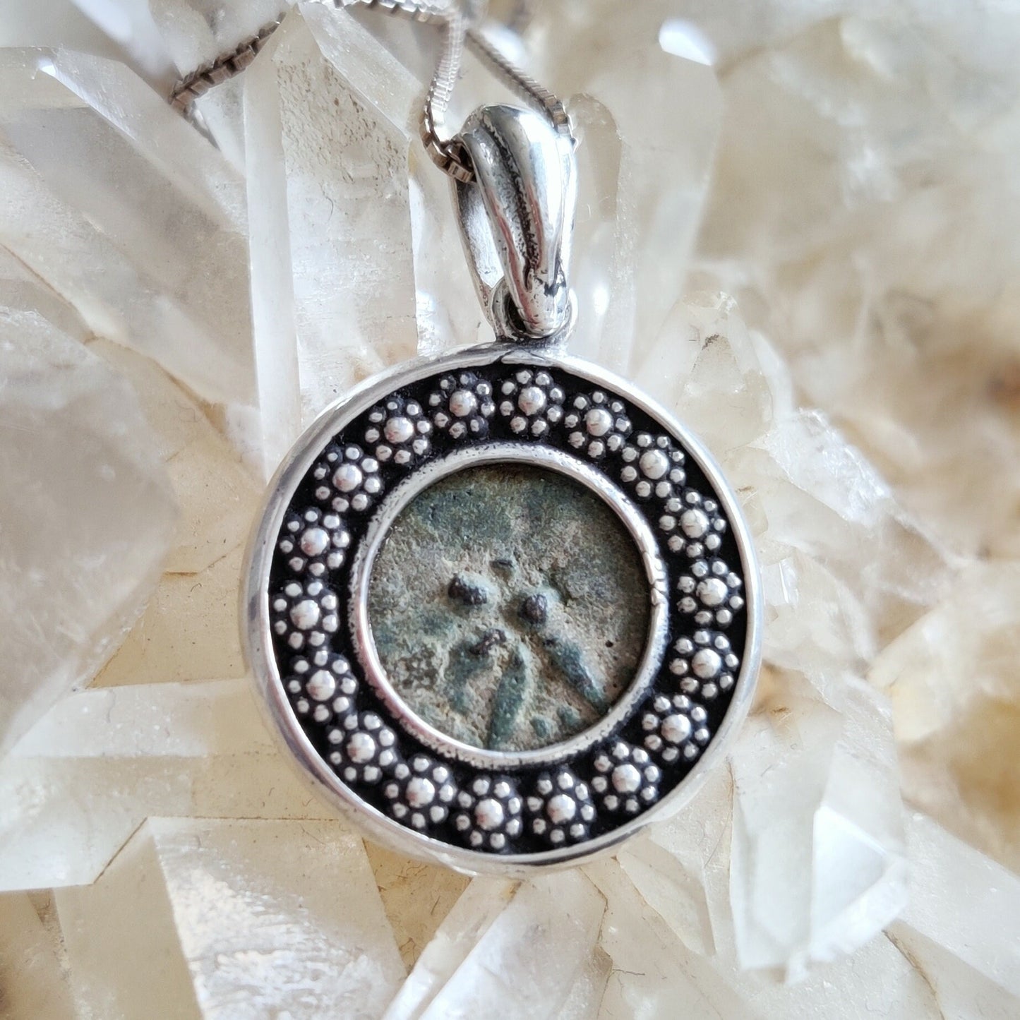 Certified Antique Widow's Mite Coin Christian Medallion, New Testament Christmas gift for her, nature flower jewelry