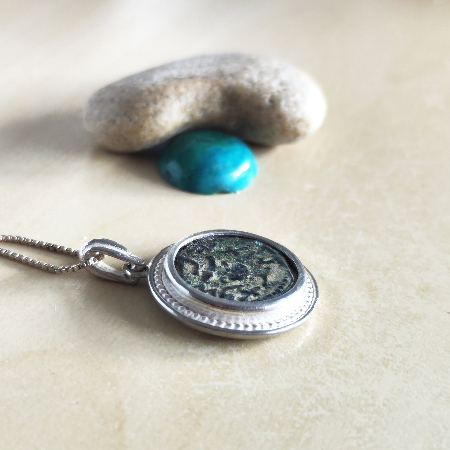 First Jewish war bronze Prutah necklace, Ancient Masada Revolt Coin Silver pendant, Jerusalem second temple coin, roman amphora medallion