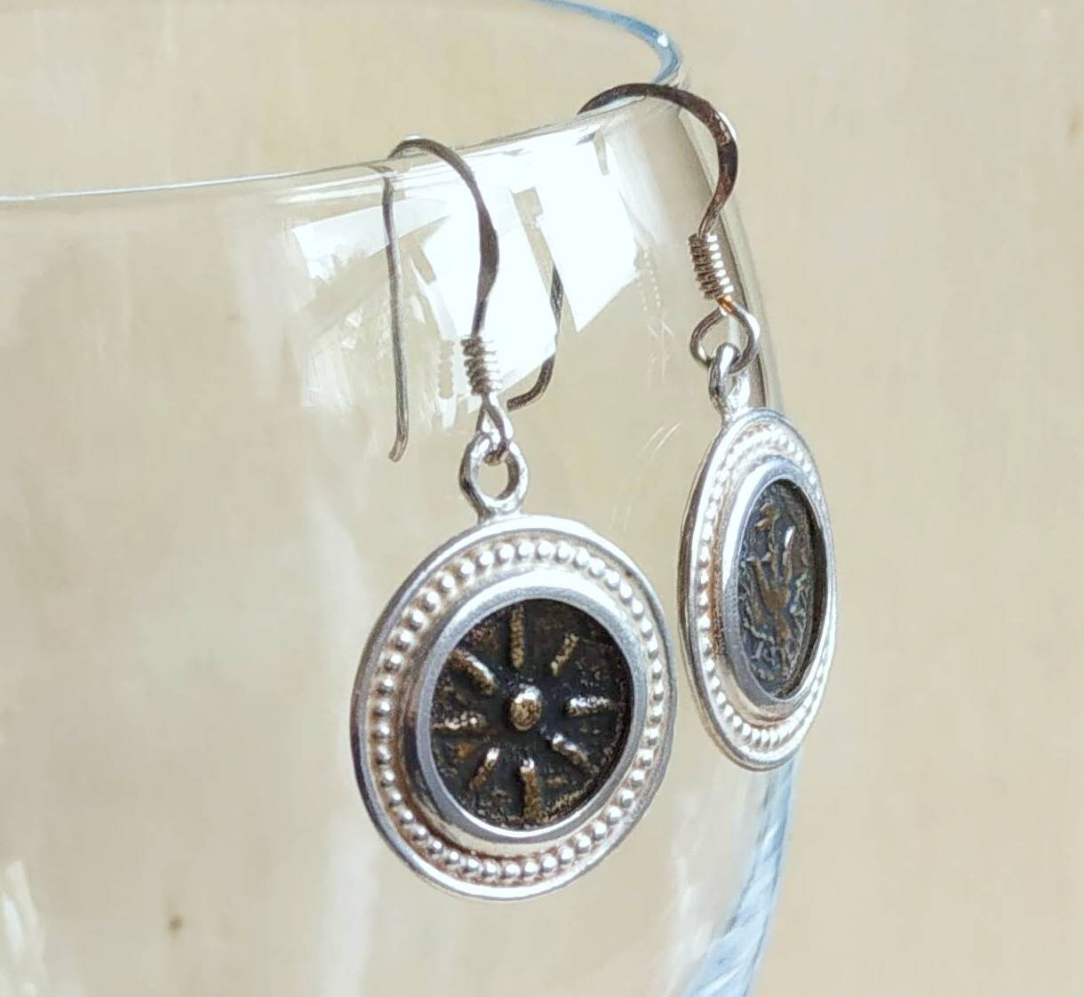 widow's mite coin silver earrings, ancient replica coin dangle earrings, christian gift idea, judean roman jewelry, bible verse jesus charm