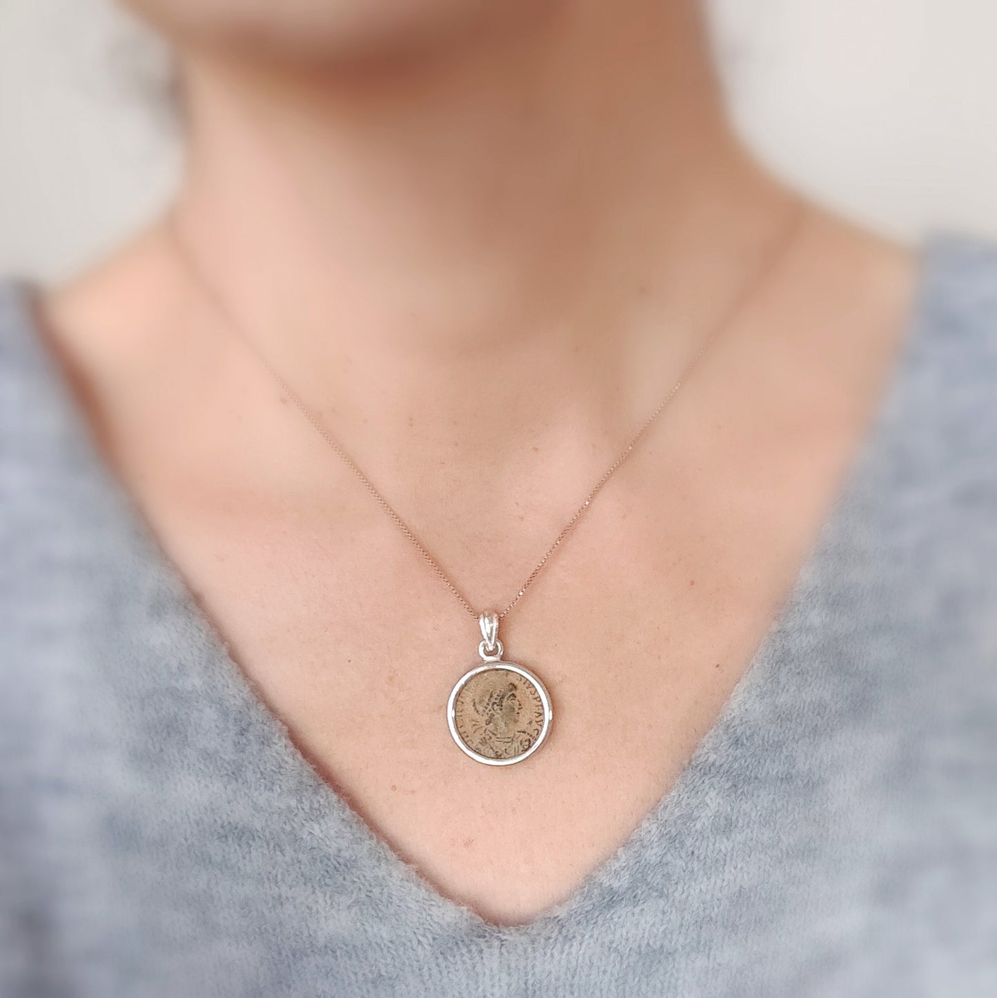 Roman Orthodox Coin Silver Necklace, Antique Theodosius bronze medallion, Authentic Christian Coin Charm, Vintage jewelry, History Buff gift