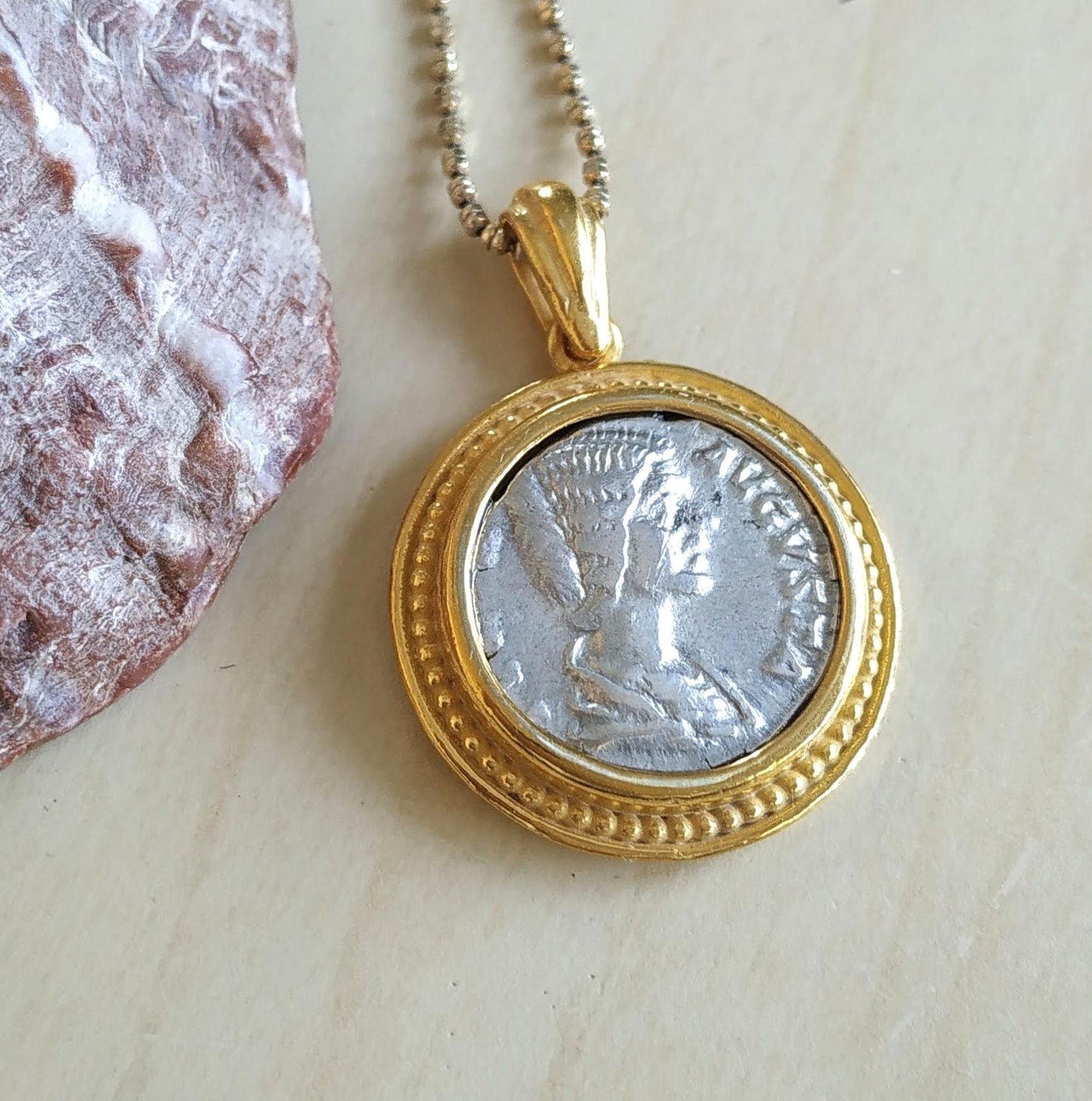 Silver Coin Necklace, Ancient Empress Julia Domna Coin Gold Plated Medallion, Women of the Roman empire Pendant, vintage style Gift for Her