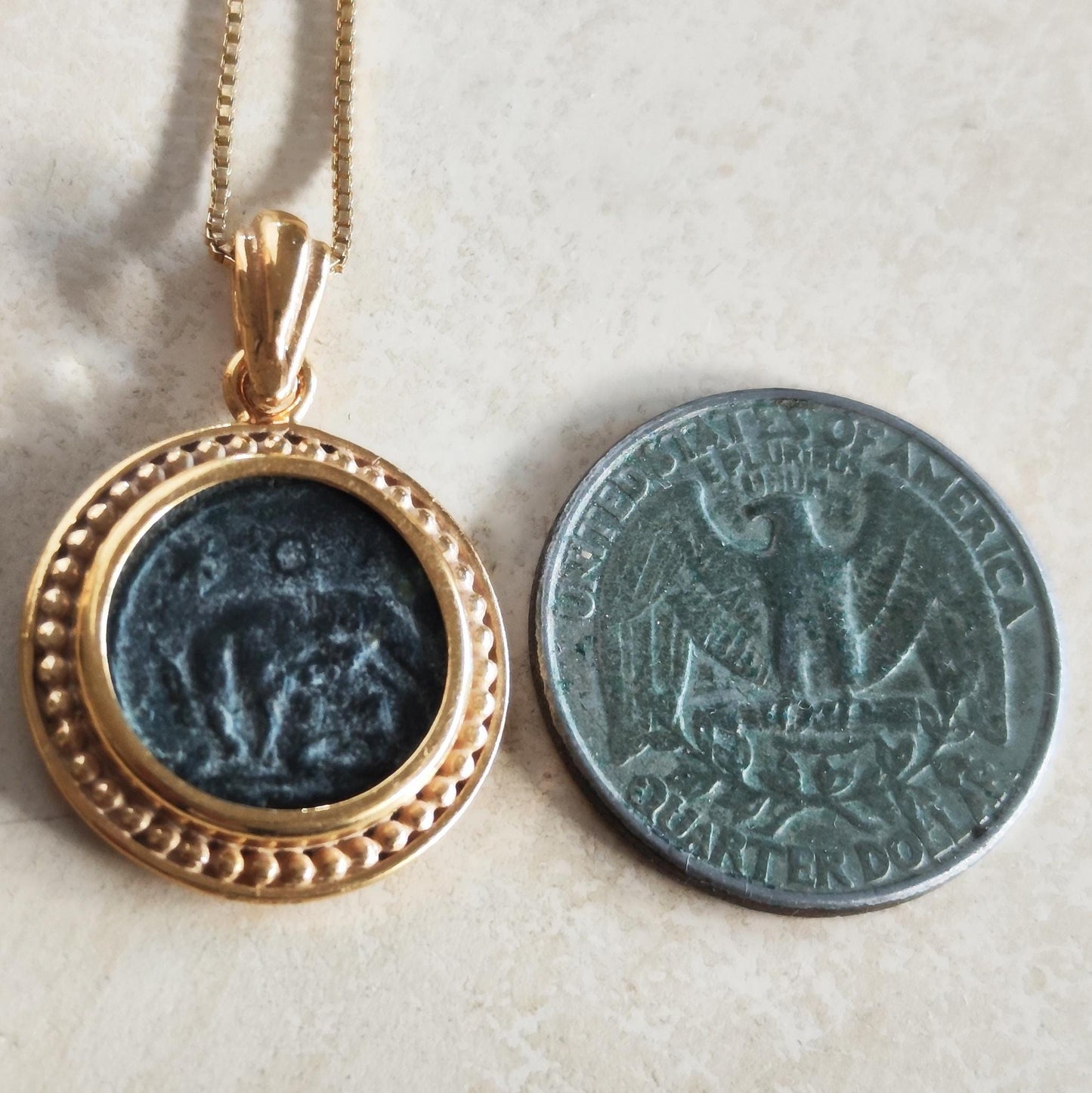 Roman Coin Pendant of Twins Romulus and Remus, Ancient Constantine Coin Necklace, Vintage Jewelry