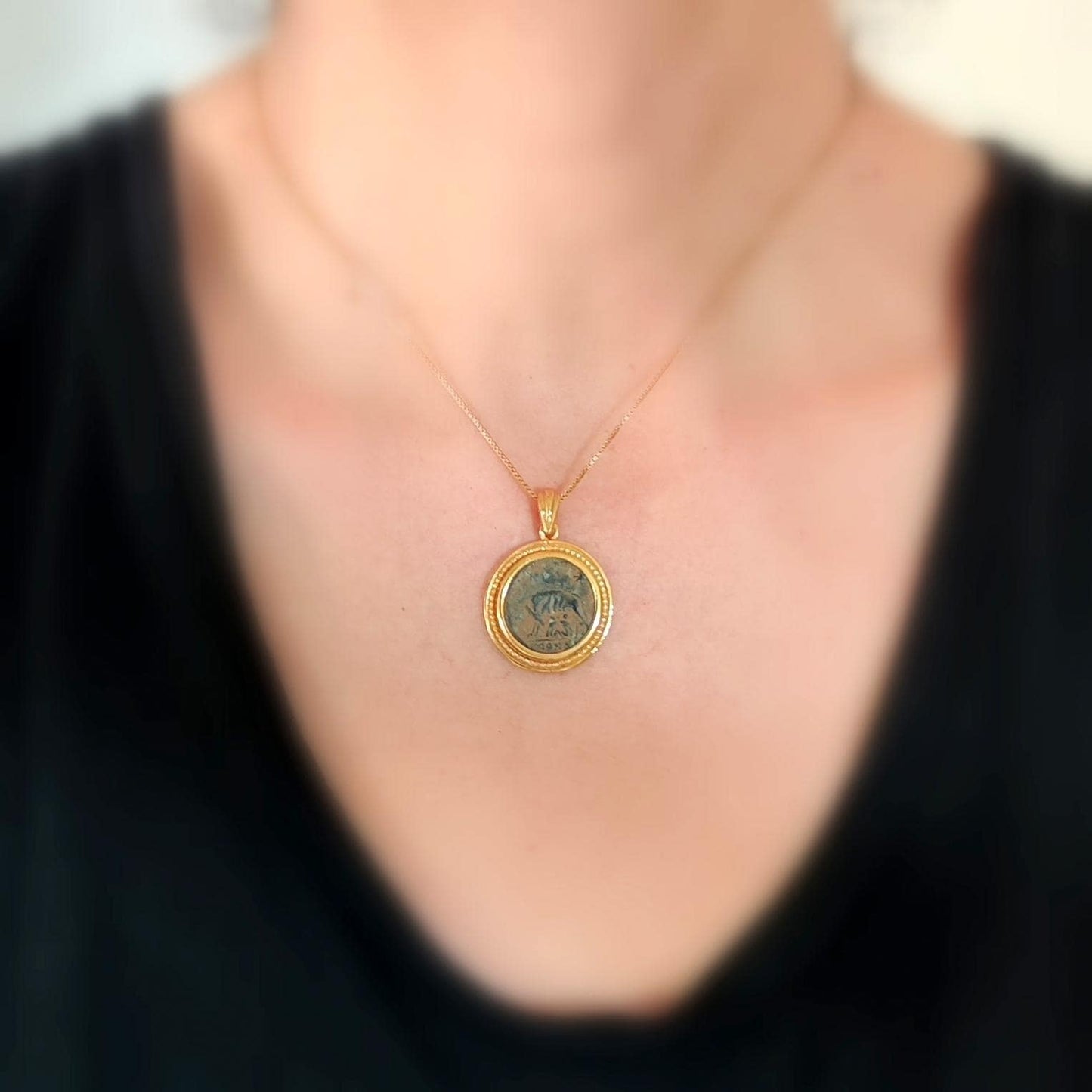 Antique Constantine She Wolf Bronze Coin Necklace, Ancient Roman Romulus & Remus coin, Vintage Gold Plated Coin Pendant, Medallion Jewelry