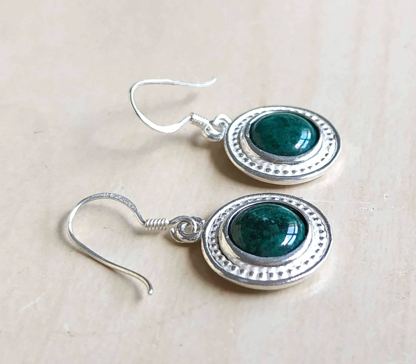 Eilat Stone Silver dangle Earrings, Green gemstone Earrings, King Solomon mine stone minerals, Israeli jewelry, Malachite round Earrings