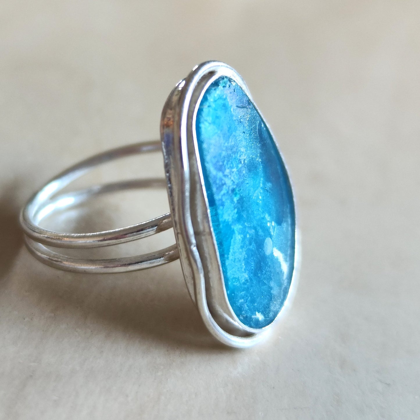 Ancient Glass Solitaire Ring, Natural Antique Roman Glass Adjustable Silver Ring, Blue Purple Patina Glass ring, Statement Solitaire Ring