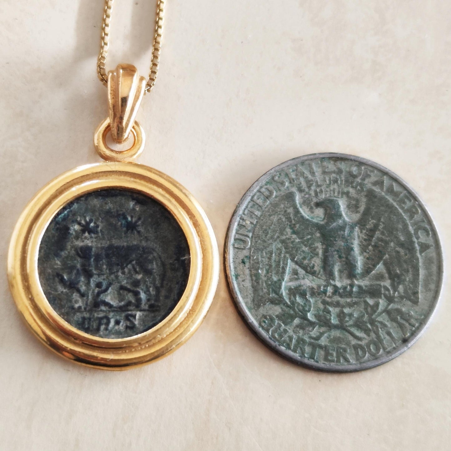 Antique Roman medallion Necklace, Gift for History Lover, Romulus & Remus with She wolf coin Charm