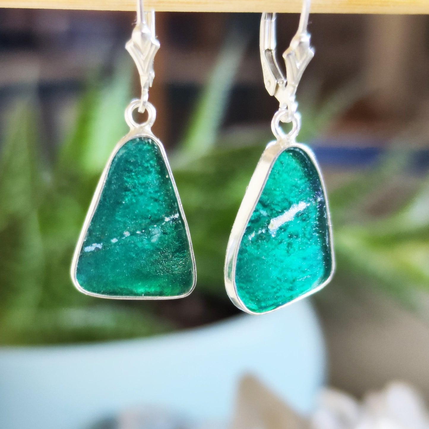 Ancient Roman Glass Earrings, Green Purple peacock Triangle Drop Earrings, Israeli jewelry, Silver Glass Dangle Earrings, Statement Earrings