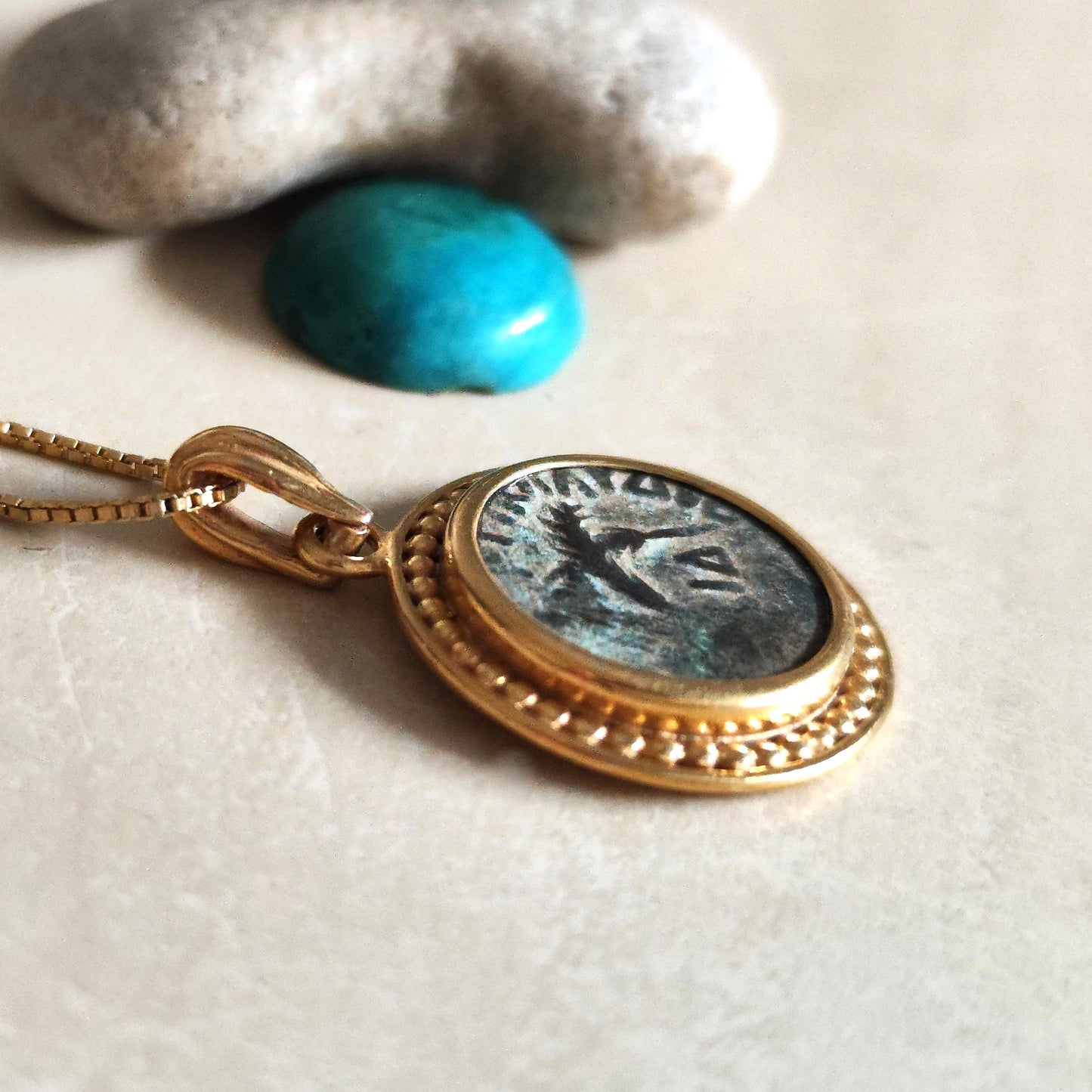 Authentic Roman coin gold plated necklace, Procurator Antonius Felix Emperor Claudius medallion, Antique Bronze Prutah, vintage men necklace