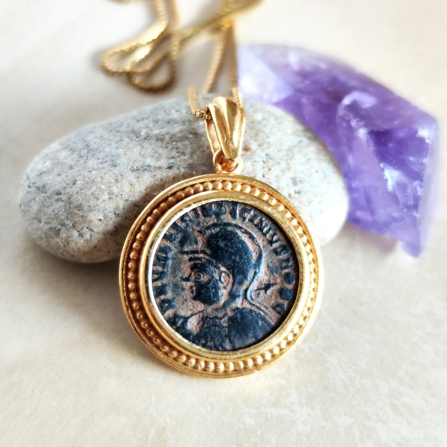 Genuine Roman Coin Medallion, Emperor Licinius I Antique Bronze Coin Gold Plated Pendant, Vintage Style Statement Necklace, Jupiter Pendant