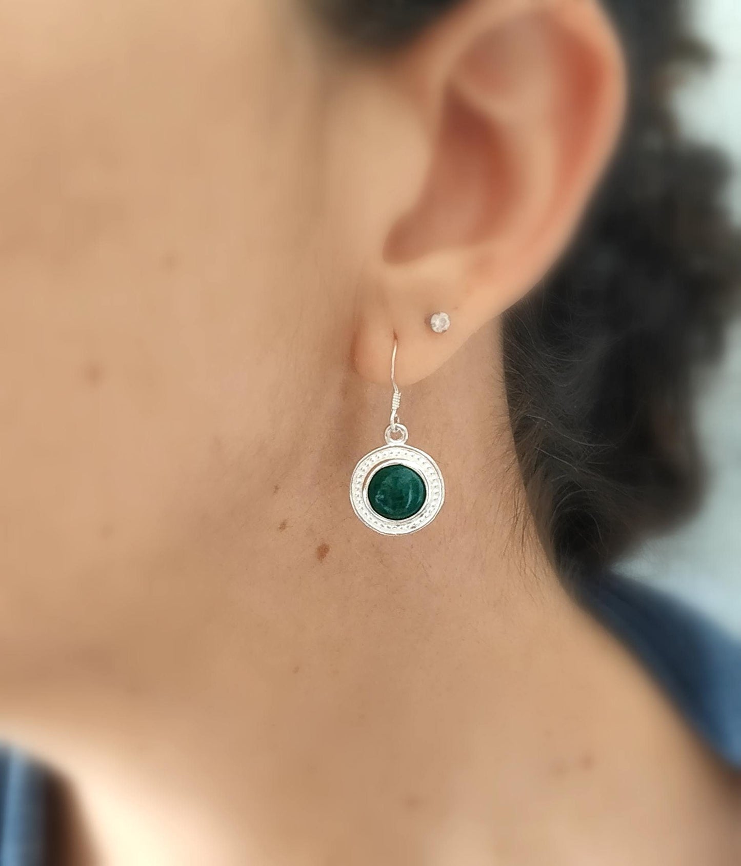 Eilat Stone Silver dangle Earrings, Green gemstone Earrings, King Solomon mine stone minerals, Israeli jewelry, Malachite round Earrings