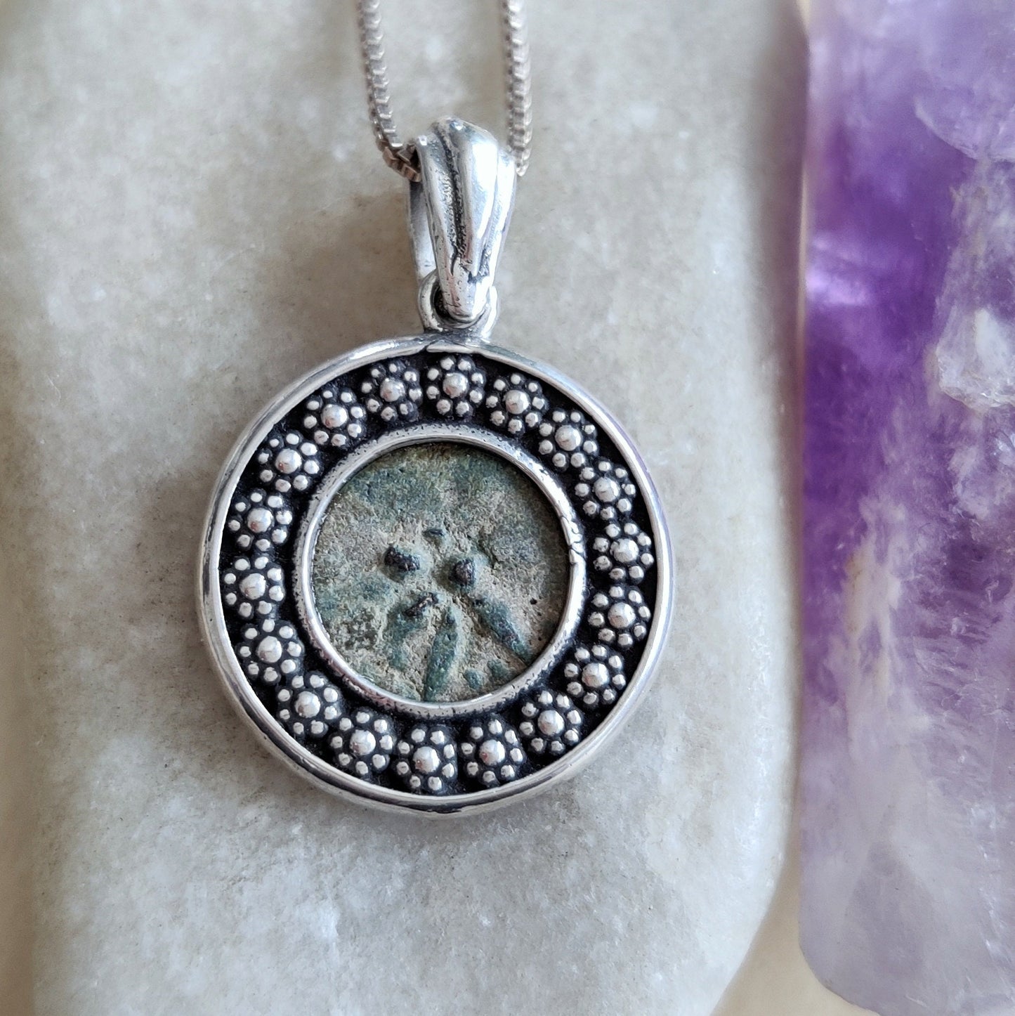 Certified Antique Widow's Mite Coin Christian Medallion, New Testament Christmas gift for her, nature flower jewelry