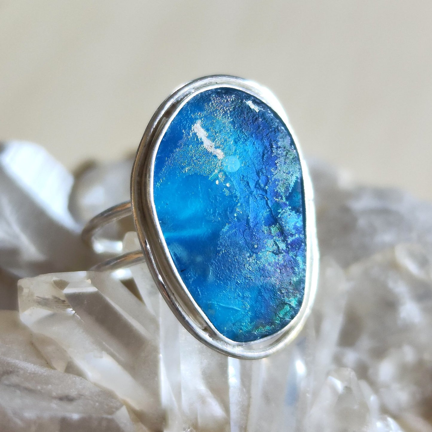 Ancient Glass Solitaire Ring, Natural Antique Roman Glass Adjustable Silver Ring, Blue Purple Patina Glass ring, Statement Solitaire Ring