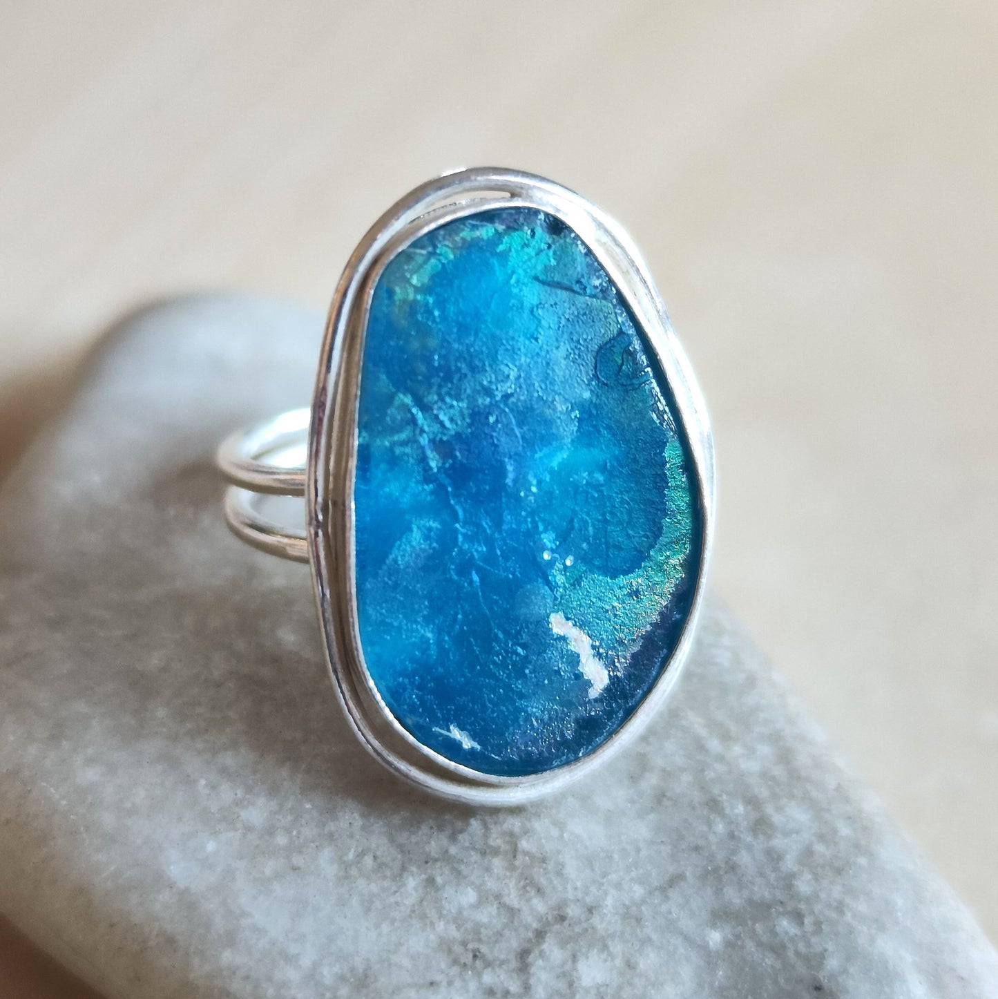 Ancient Glass Solitaire Ring, Natural Antique Roman Glass Adjustable Silver Ring, Blue Purple Patina Glass ring, Statement Solitaire Ring