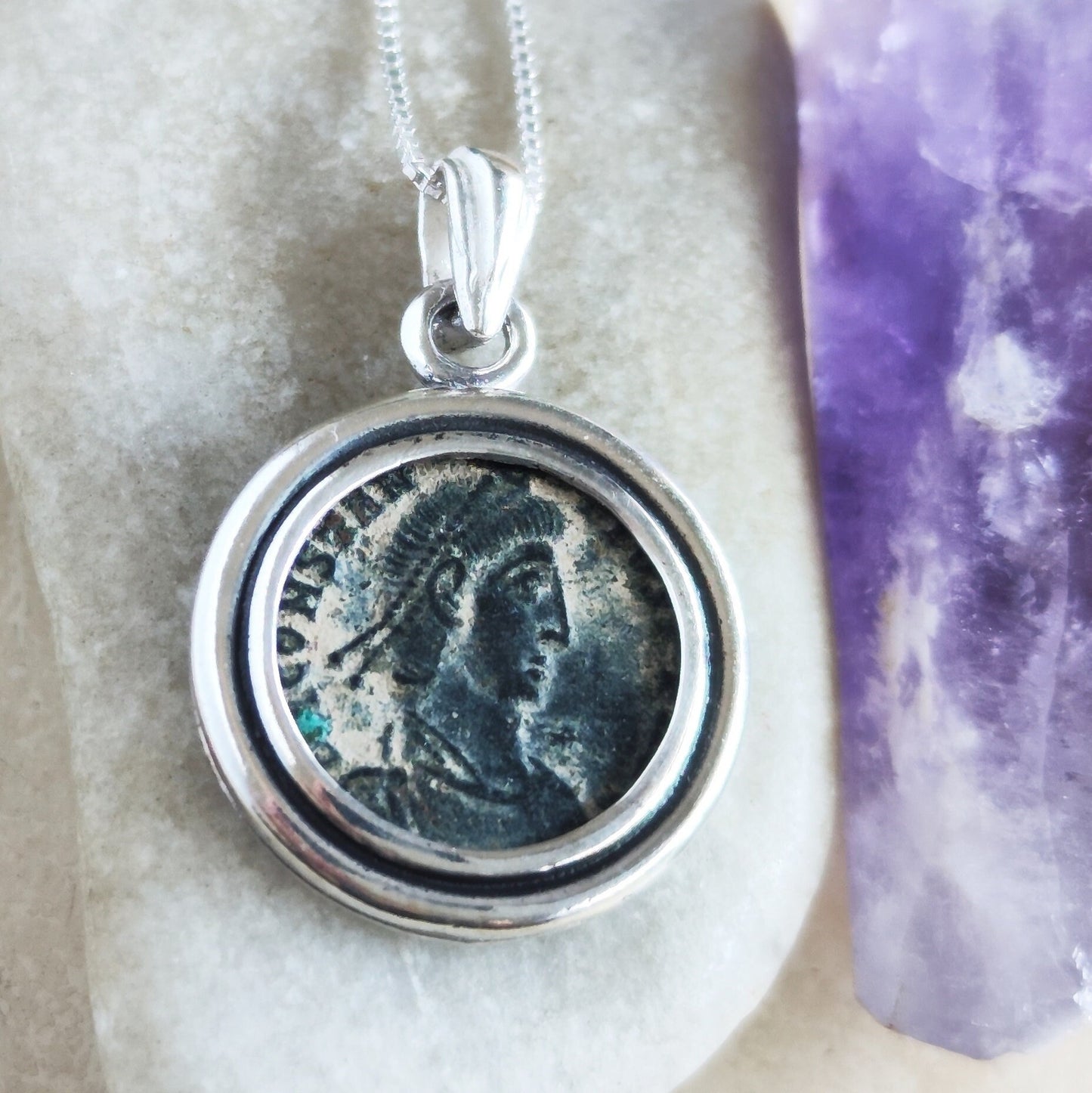 Roman Coin Silver Necklace, Antique Emperor Constantius Medallion, Men Coin Pendant, History Buff Jewelry, Unisex Bronze Coin Pendant