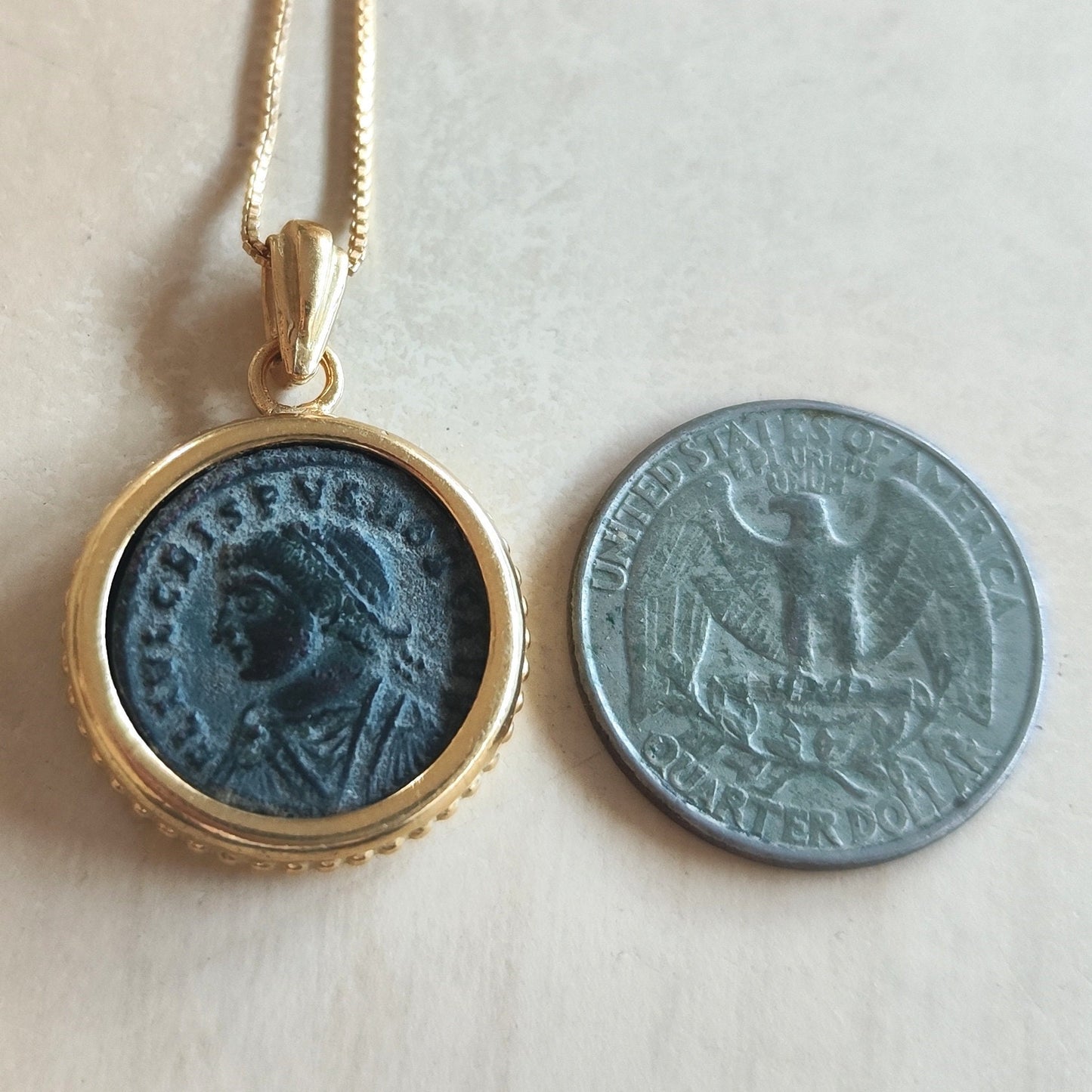 Certified Antique Roman Emperor Crispus Coin Necklace, Genuine Ancient Coin Gold Plated medallion, Women Coin Jewelry, Vintage Coin Pendant