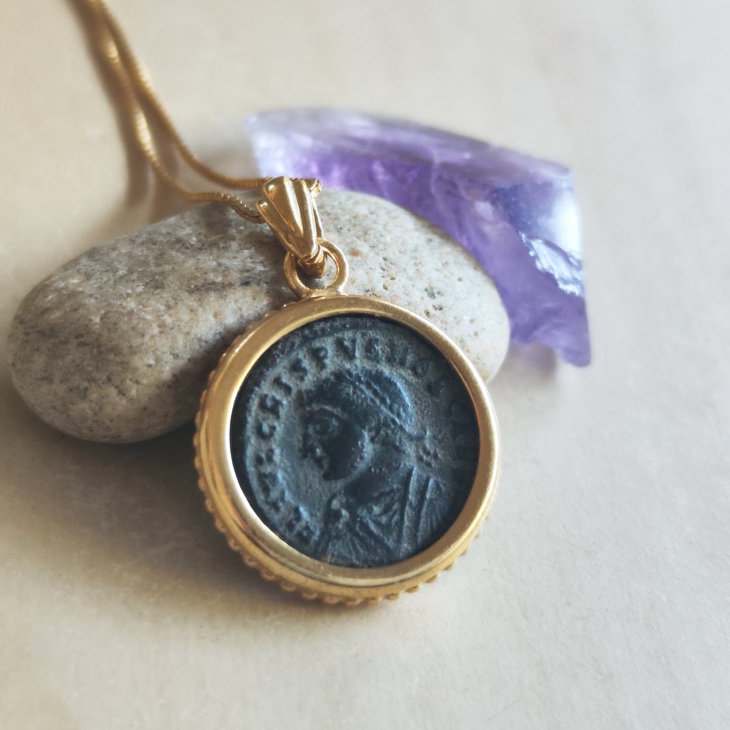 Certified Antique Roman Emperor Crispus Coin Necklace, Genuine Ancient Coin Gold Plated medallion, Women Coin Jewelry, Vintage Coin Pendant