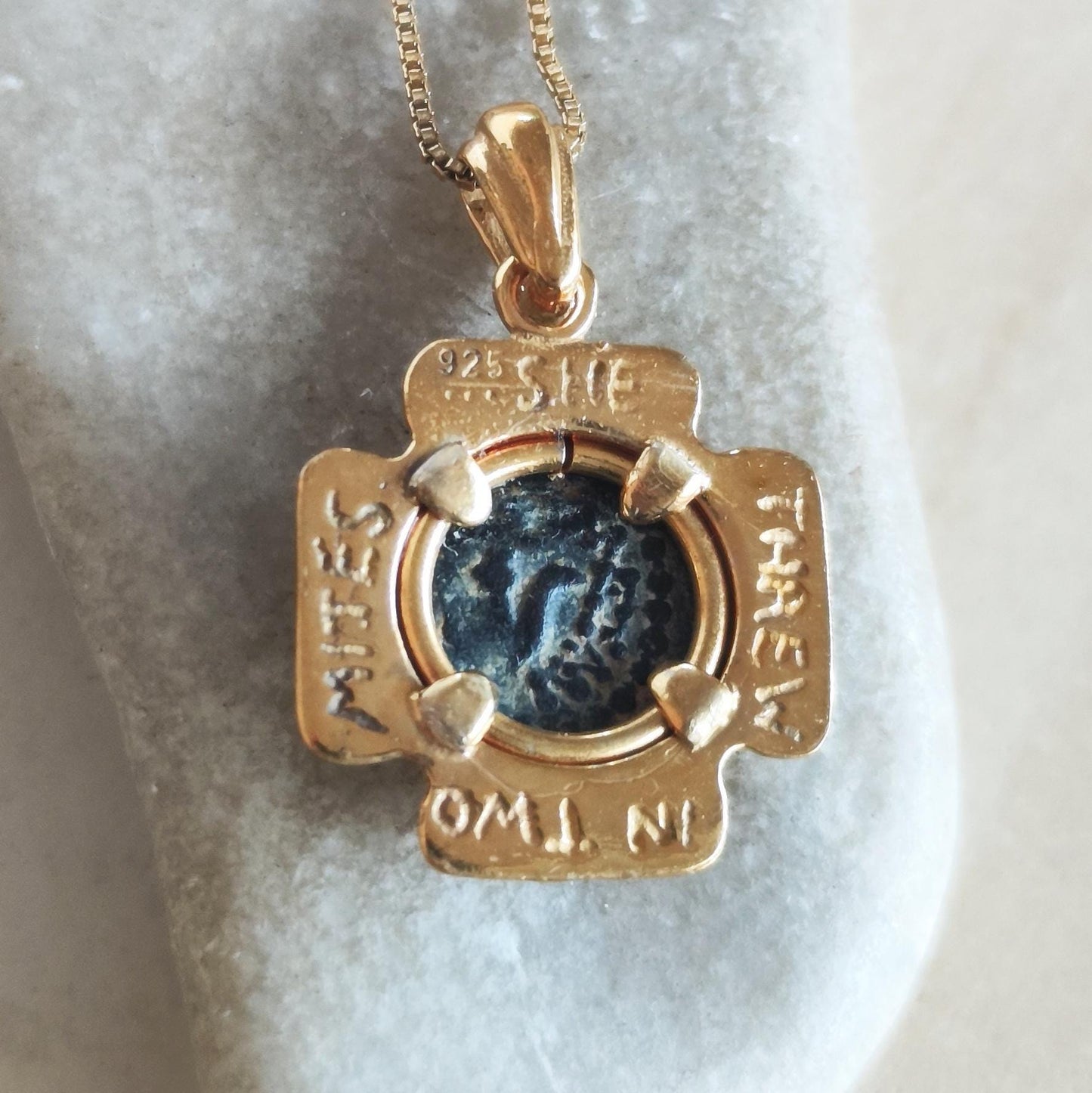 Authentic Widow's Mite Coin Cross Necklace, Jerusalem Cross Gold Plated Pendant, Christian Jewelry, Antique Coin Necklace, Jesus Coin Gift