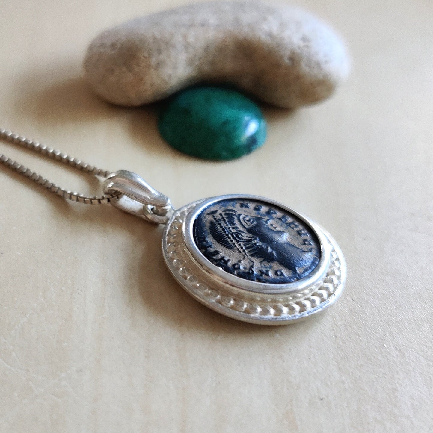 Genuine certified Roman coin silver necklace, ancient bronze coin pendant, Emperor Constans medallion, vintage style men unisex gift