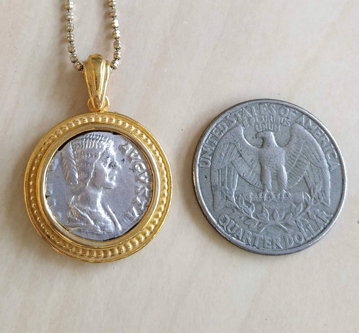 Silver Coin Necklace, Ancient Empress Julia Domna Coin Gold Plated Medallion, Women of the Roman empire Pendant, vintage style Gift for Her