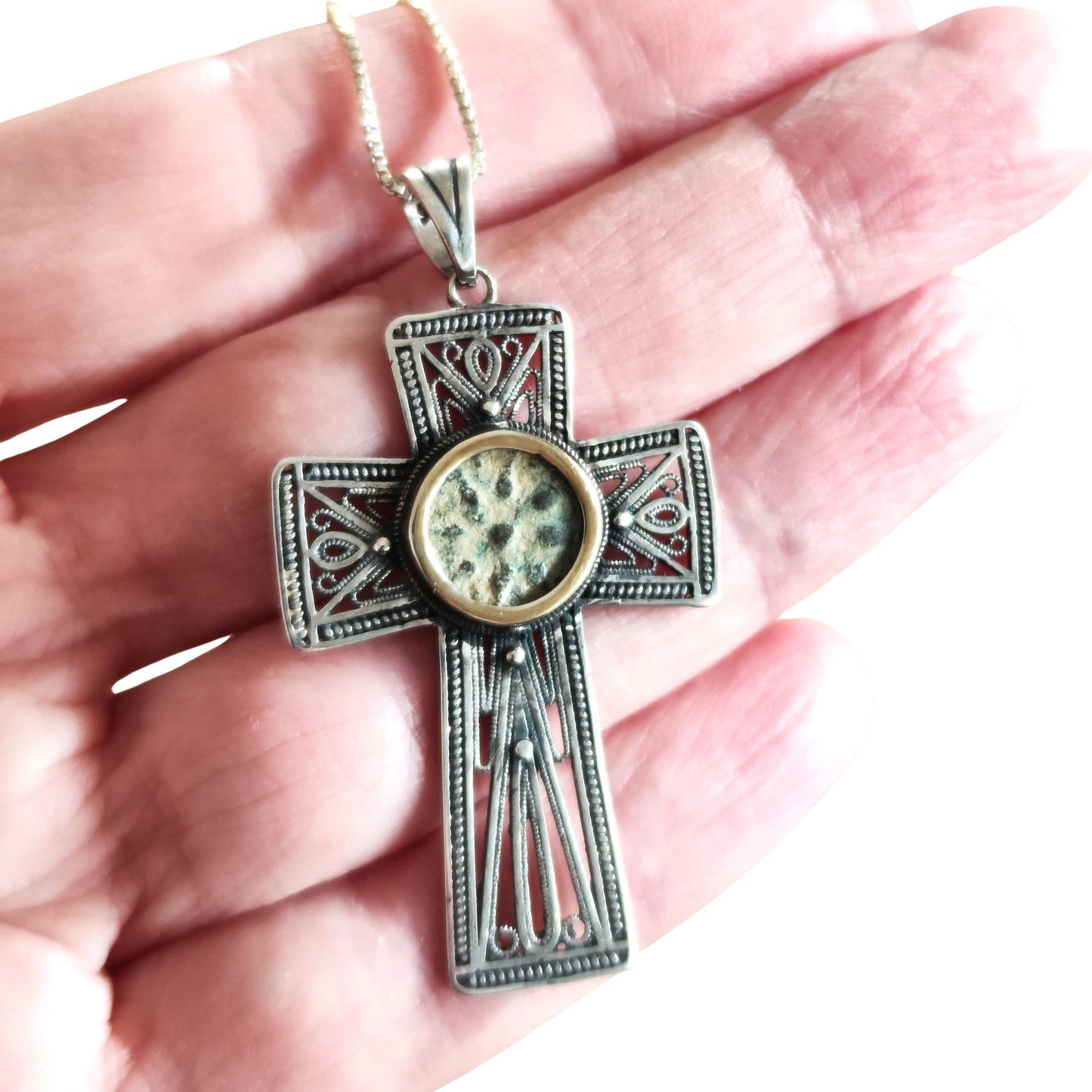 Widow Mite Coin Filigree Cross Silver Pendant, Vintage Style Large Christian Necklace, Antique Jesus Coin Gift