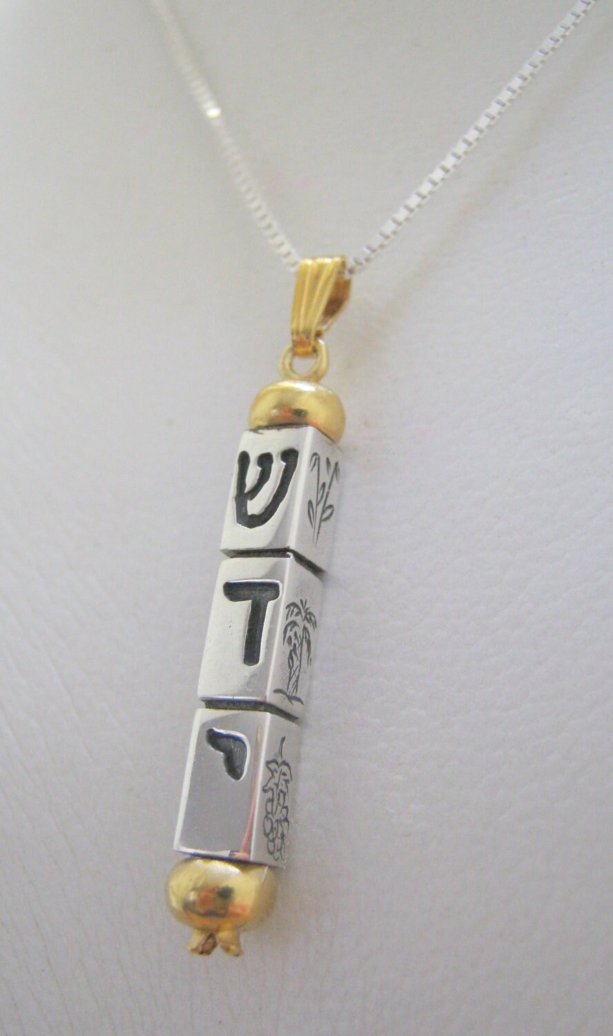 Mezuzah Silver Gold Necklace, Vertical Bar Pendant, Unisex Jewish Jewelry, Israeli necklace, Hebrew Shadai, Kinetic Jewelry, Vintage Gift