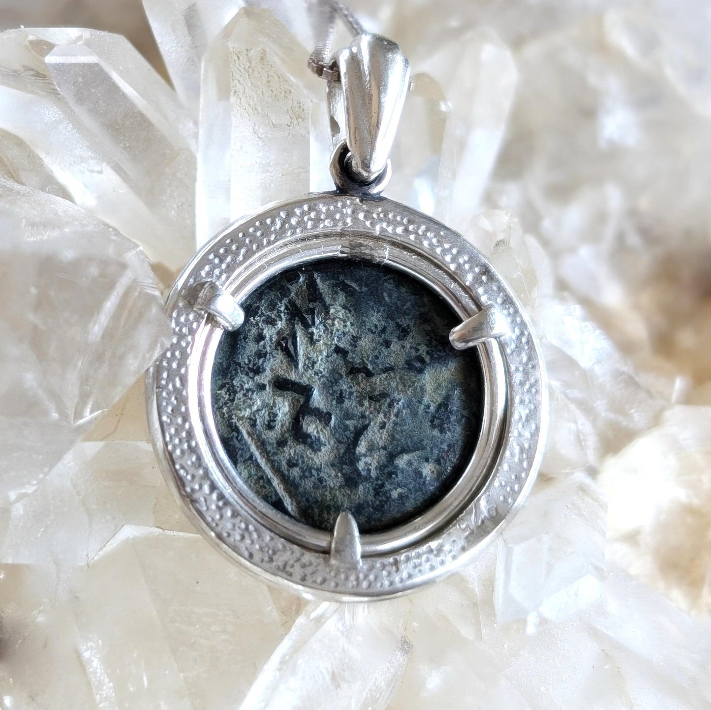 Antique Jewish Revolt Masada Coin Silver Necklace, Ancient Jerusalem Second Temple Bronze Prutah Pendant, Roman Amphora Grape Vine Medallion