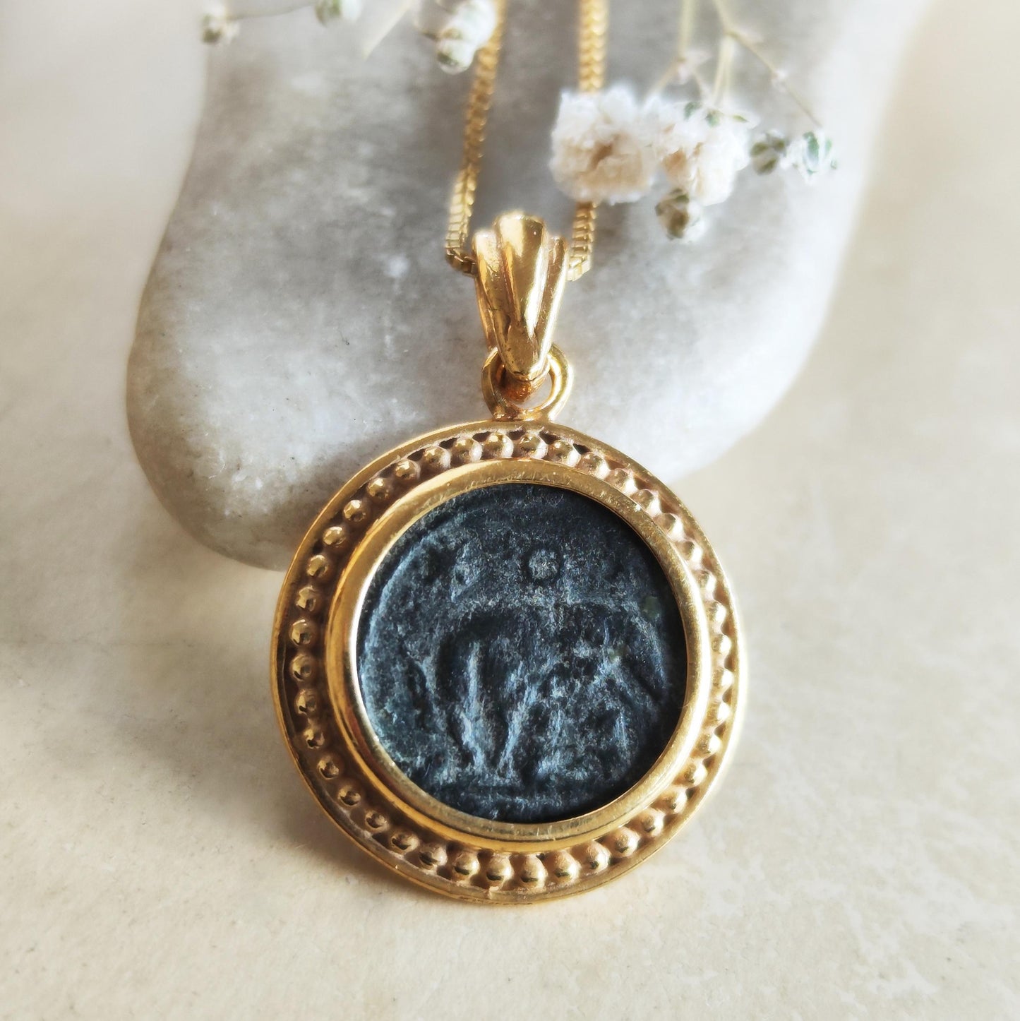 Roman Coin Pendant of Twins Romulus and Remus, Ancient Constantine Coin Necklace, Vintage Jewelry
