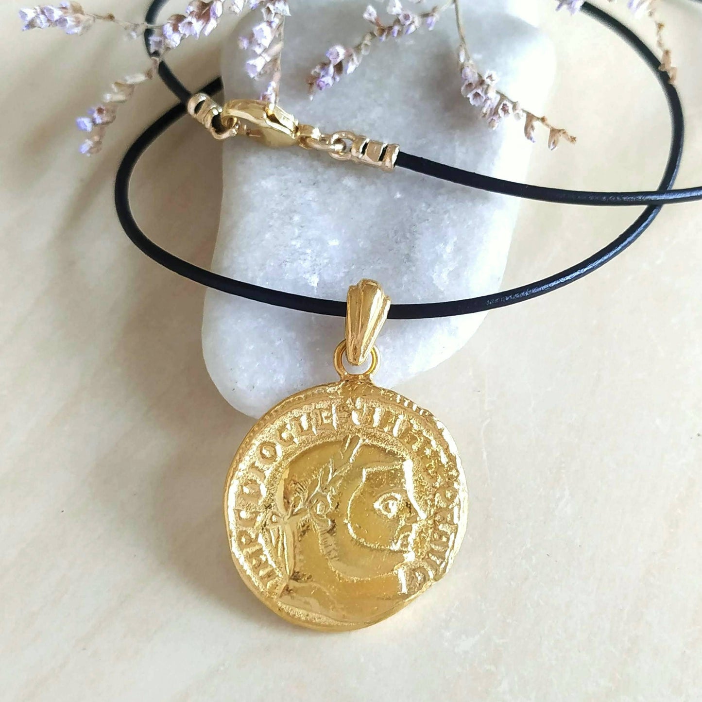 Roman Emperor Diocletian Coin Medallion for Men, Gold Plated Replica Copy Coin Reversible Necklace, Gold Layer Necklace, Vintage jewelry