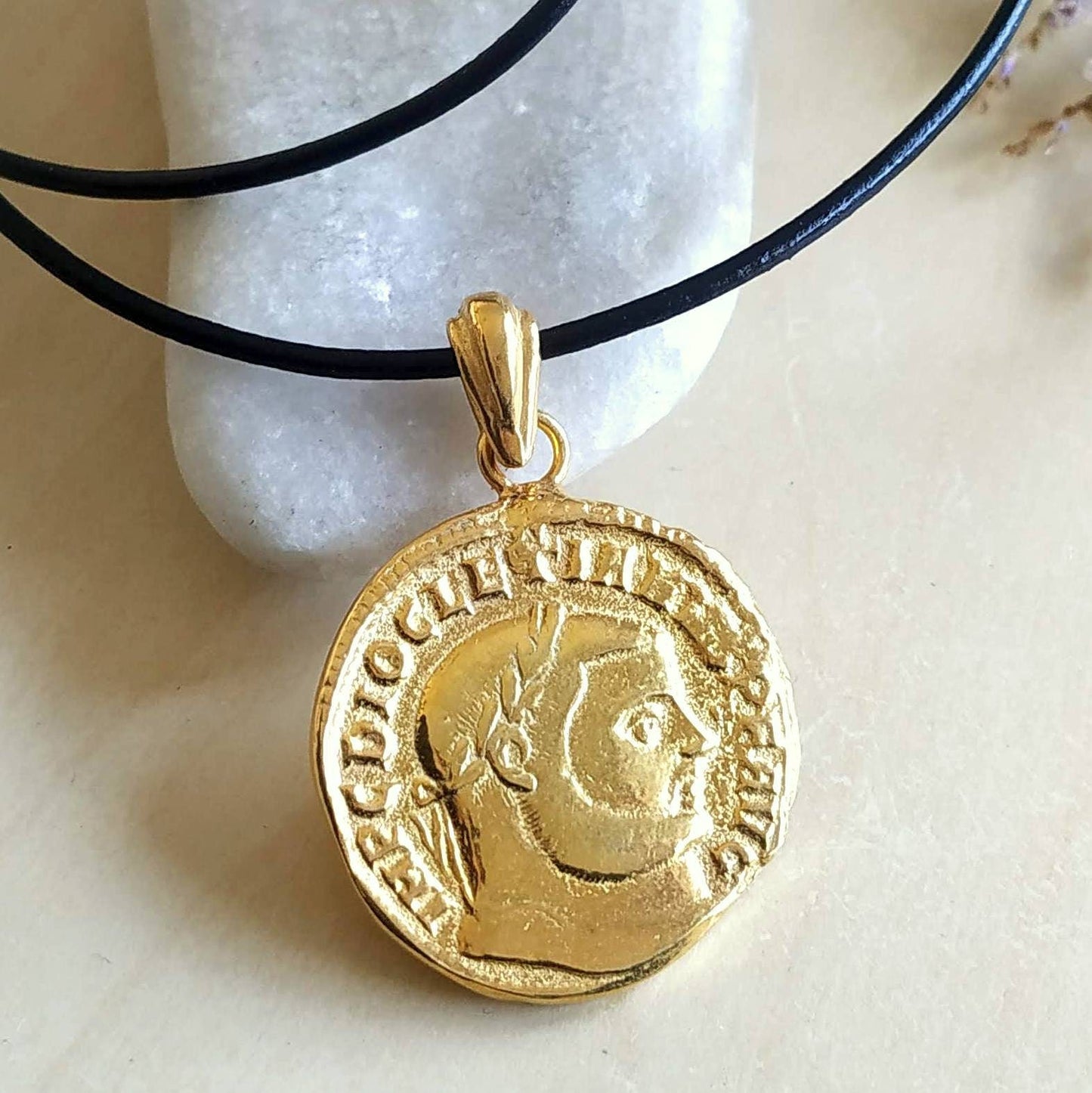 Roman Emperor Diocletian Coin Medallion for Men, Gold Plated Replica Copy Coin Reversible Necklace, Gold Layer Necklace, Vintage jewelry