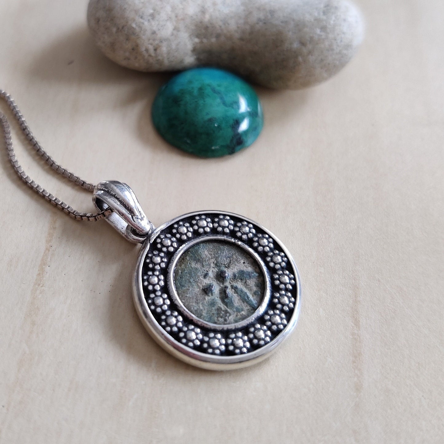 Certified Antique Widow's Mite Coin Christian Medallion, New Testament Christmas gift for her, nature flower jewelry