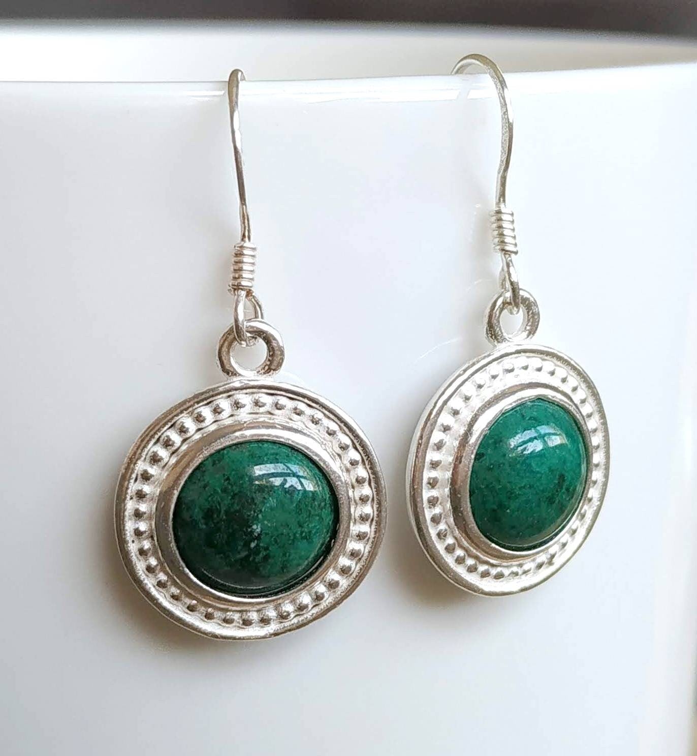 Eilat Stone Silver dangle Earrings, Green gemstone Earrings, King Solomon mine stone minerals, Israeli jewelry, Malachite round Earrings