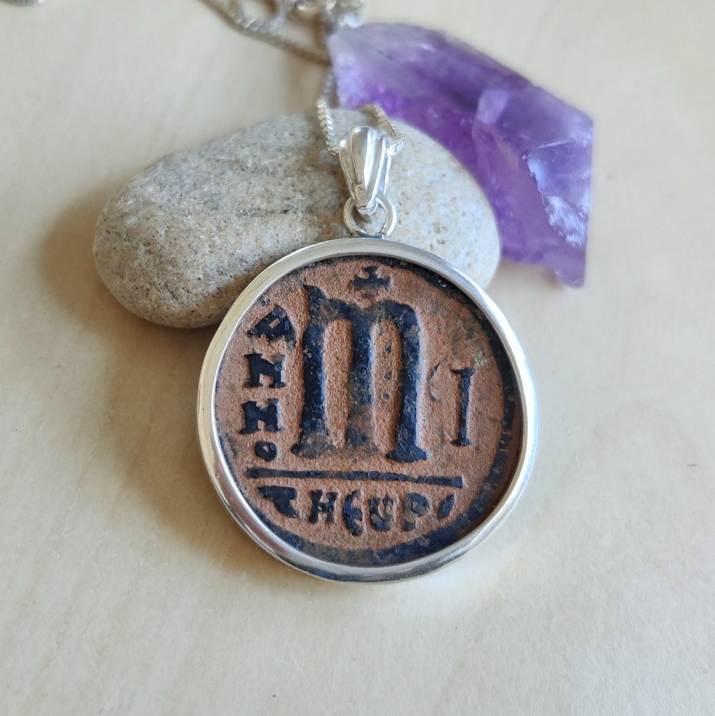 Antique Eastern Roman Byzantine Coin Necklace, Large Silver Coin medallion, initial letter M Statement Pendant, History Lover Jewelry gift