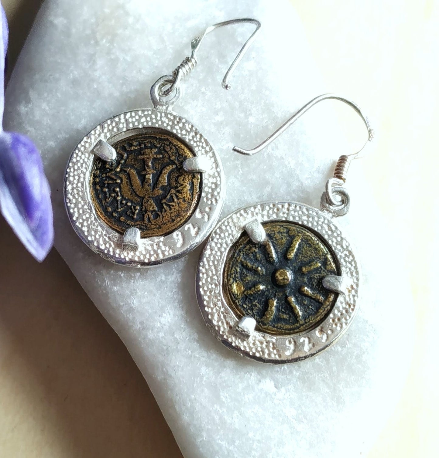 widow's mite coin silver earrings, ancient replica coin dangle earrings, christian gift idea, judean roman jewelry, bible verse jesus charm
