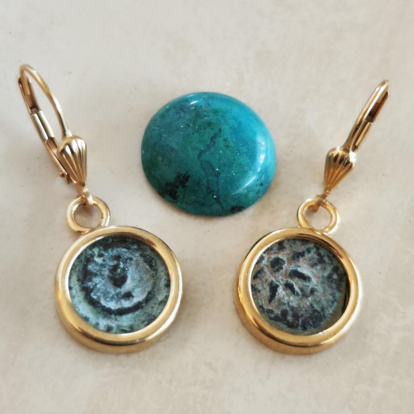 Ancient Biblical Coin Dangle Earrings: New Testament Widow's Mite set in 18K Gold Plated Sterling Silver Barr Designs