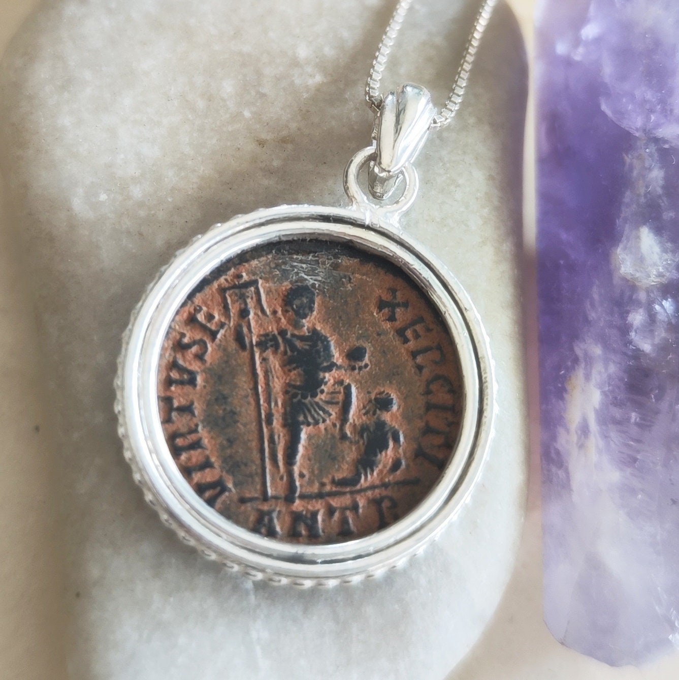 Roman Christian Emperor Theodosius Coin Silver Necklace, Ancient Coin Medallion Pendant, Holy Land History Jewelry