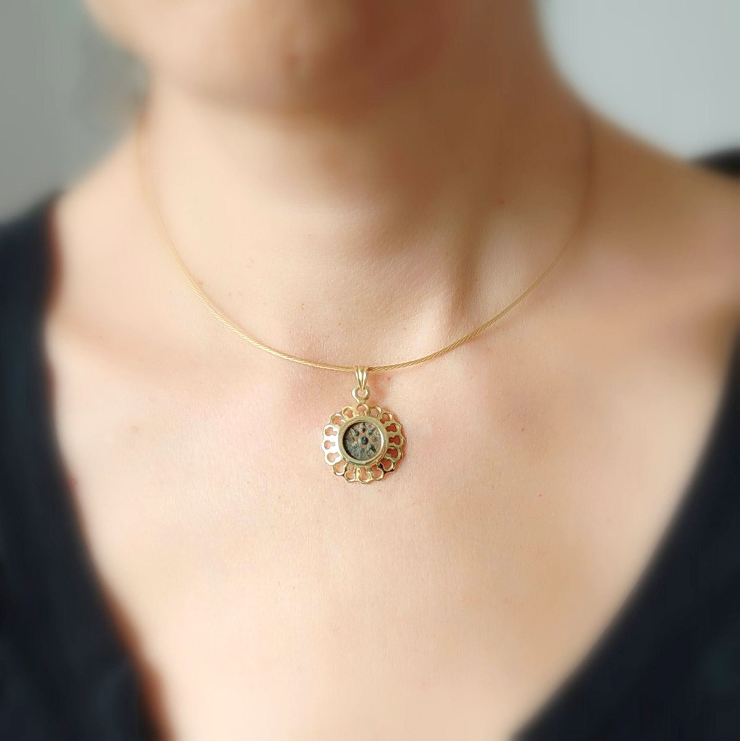 Widow's Mite Coin set in 14K Gold Pendant, Authentic Ancient Christian Coin Medallion, New Testament Mark 12:41 Coin, Christian Gift idea
