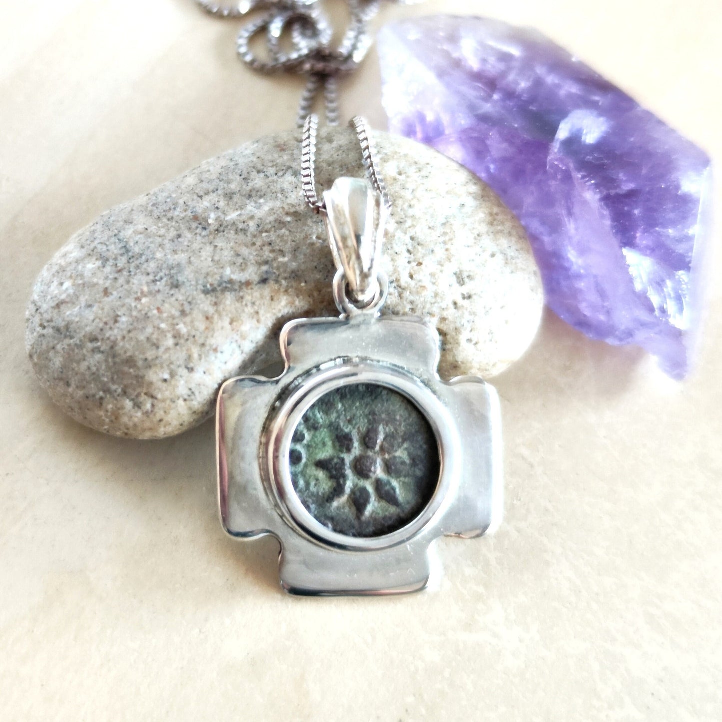 Christian Cross Necklace, Antique Widow's Mite Coin Pendant, Jerusalem Jewelry Silver Pendant, Jesus Christ Coin, Christmas gift for Men