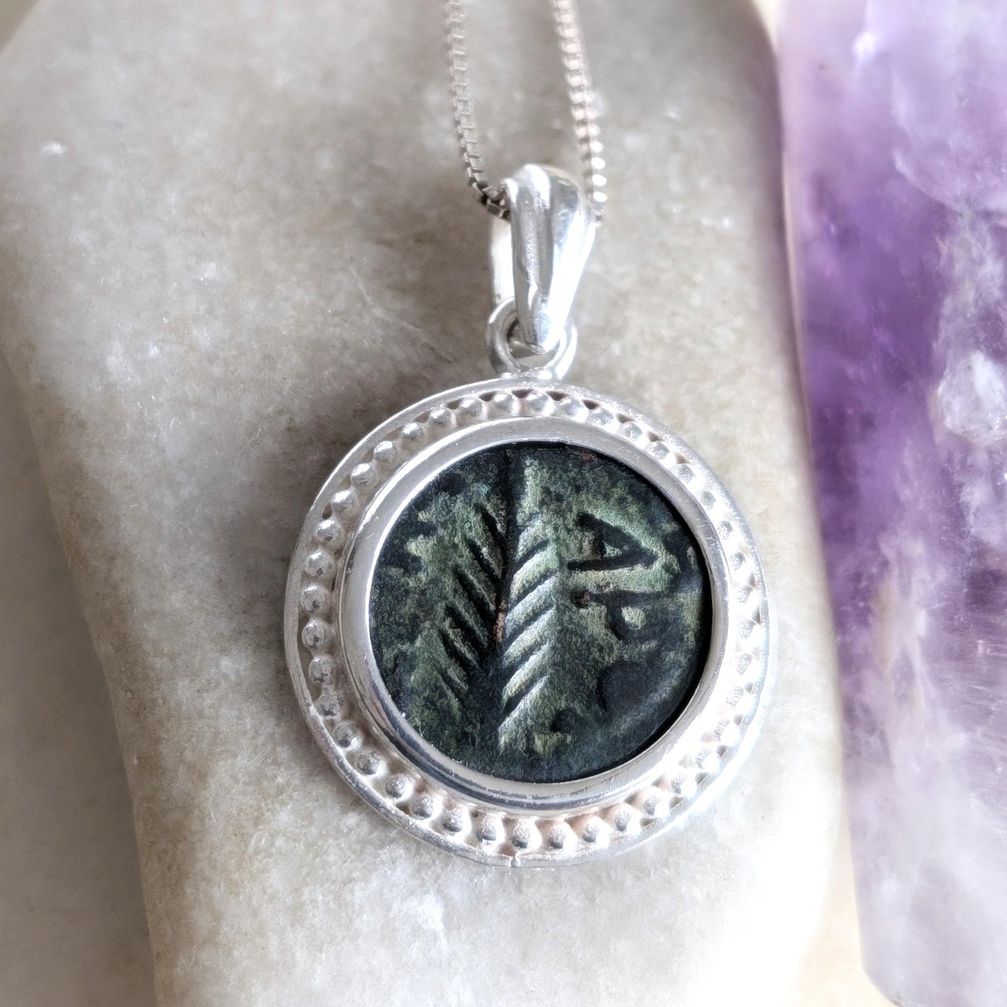 Antique Roman coin necklace, Emperor Nero Judea Province Coin, procurator Porcius Festus Silver medallion, Jewish Palm Coin Prutah charm