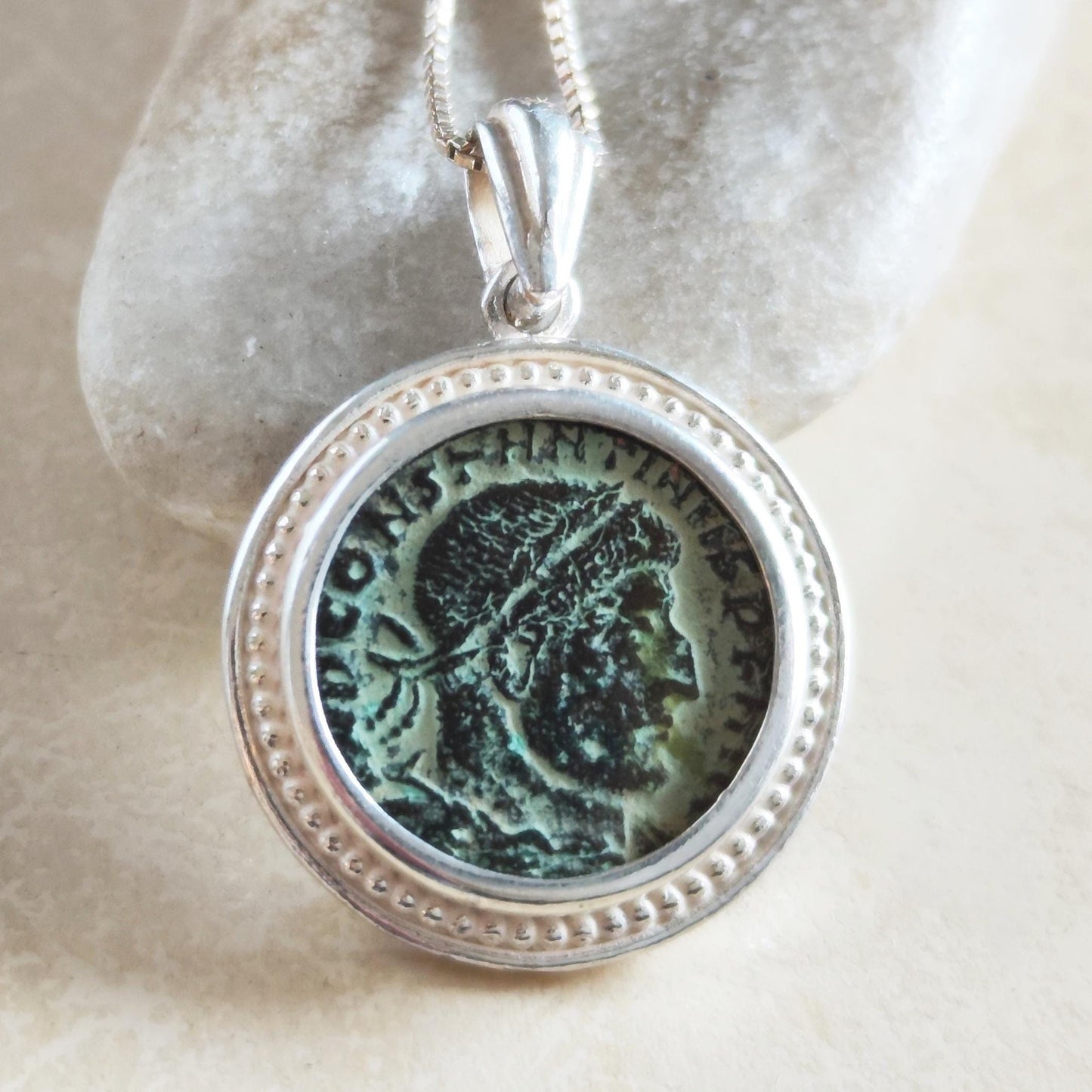 Roman Constantine the Great coin silver necklace, real ancient certified bronze coin pendant, men unisex gift idea, Antique vintage jewelry