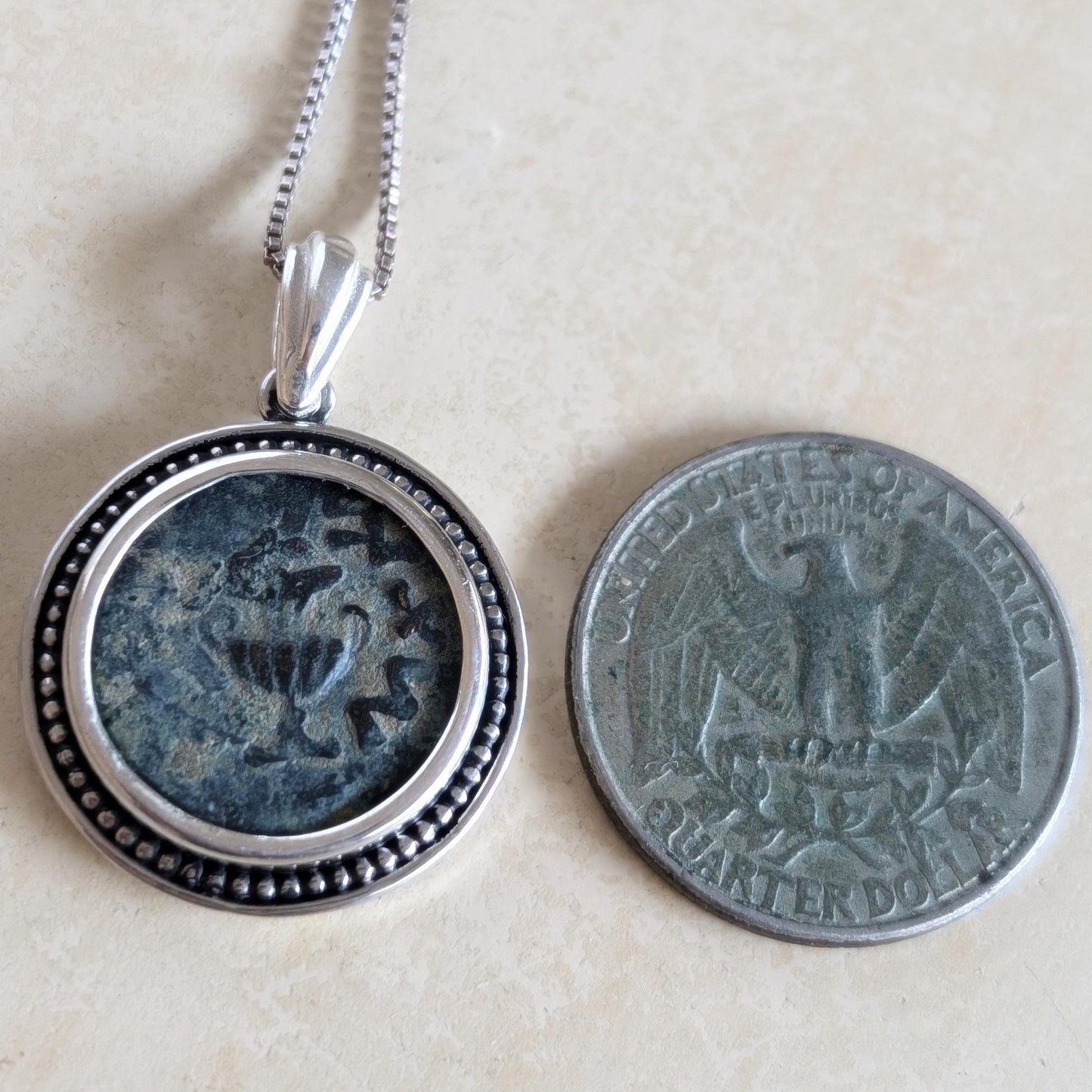 Antique Jewish Revolt Masada Coin Silver Necklace, Ancient Jerusalem Second Temple Bronze Prutah Pendant, Roman Amphora Grape Vine Medallion