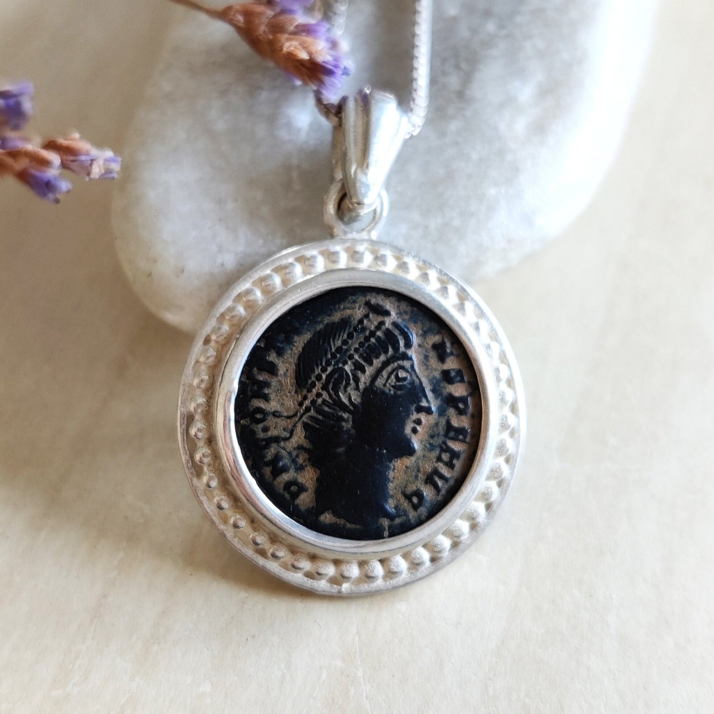 Genuine certified Roman coin silver necklace, ancient bronze coin pendant, Emperor Constans medallion, vintage style men unisex gift