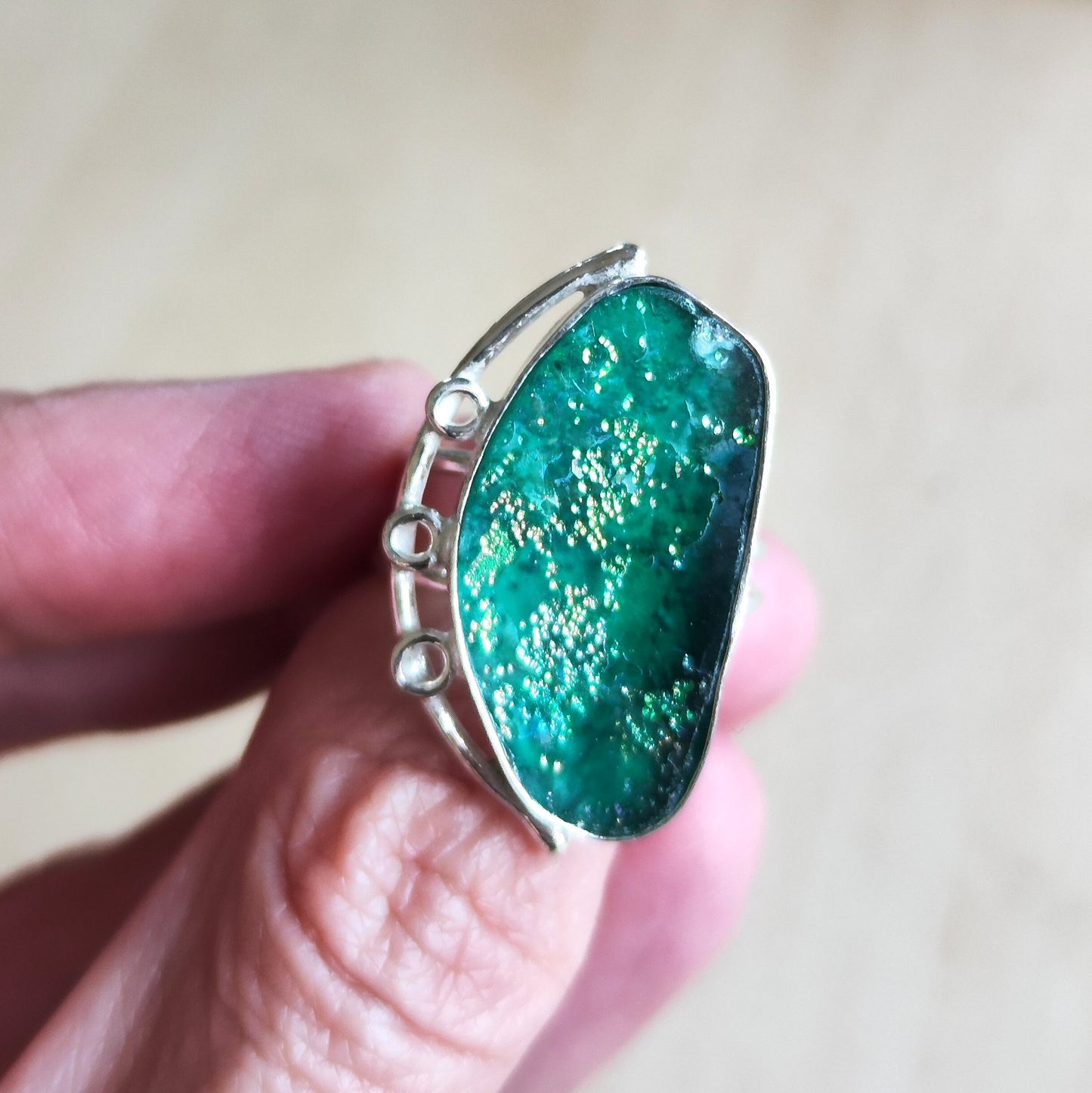 Antique Roman Glass Solitaire Ring, Natural Roman Glass adjustable silver ring, Aqua Green Blue patina Glass ring, Large Statement ring