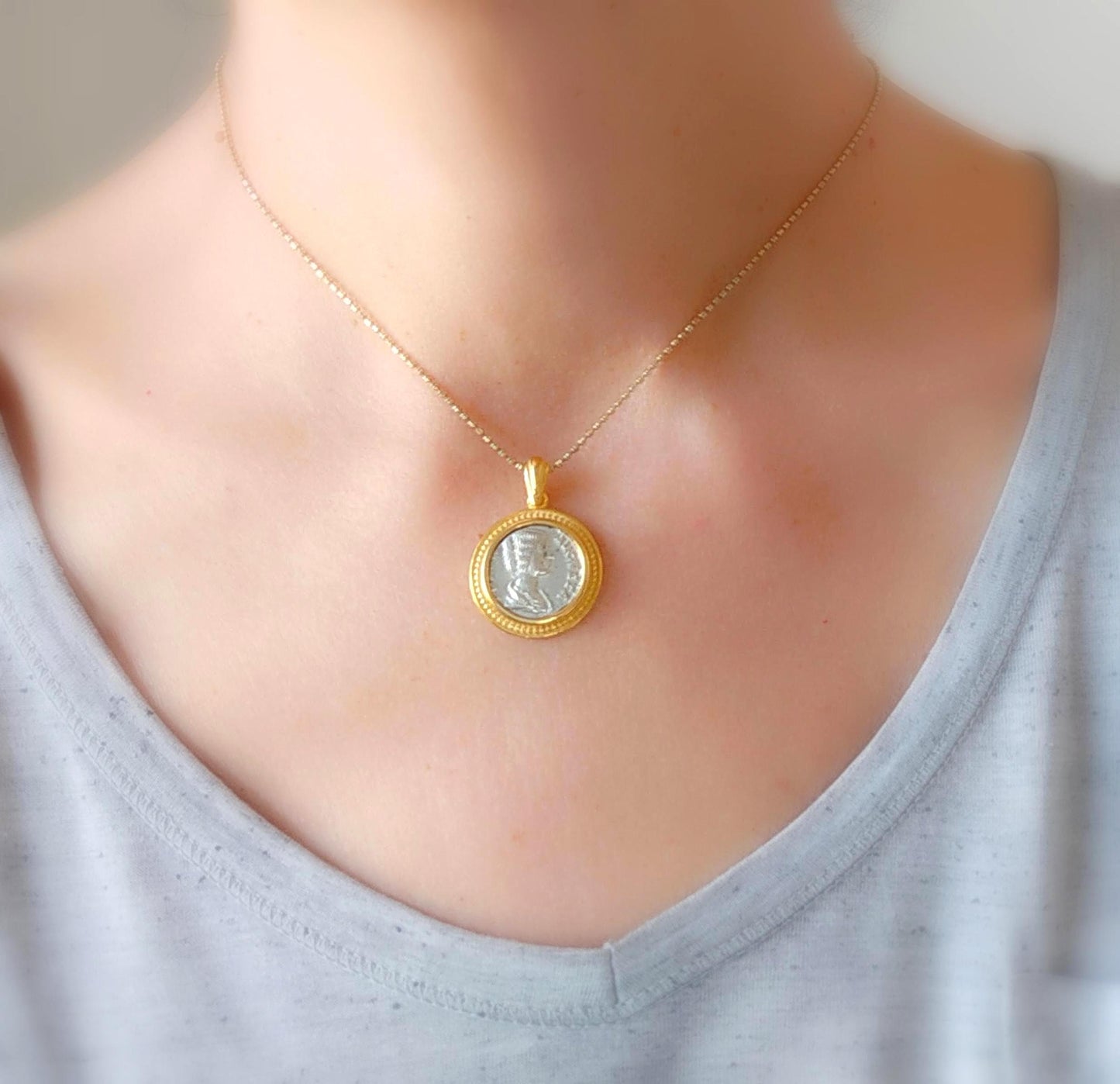 Silver Coin Necklace, Ancient Empress Julia Domna Coin Gold Plated Medallion, Women of the Roman empire Pendant, vintage style Gift for Her