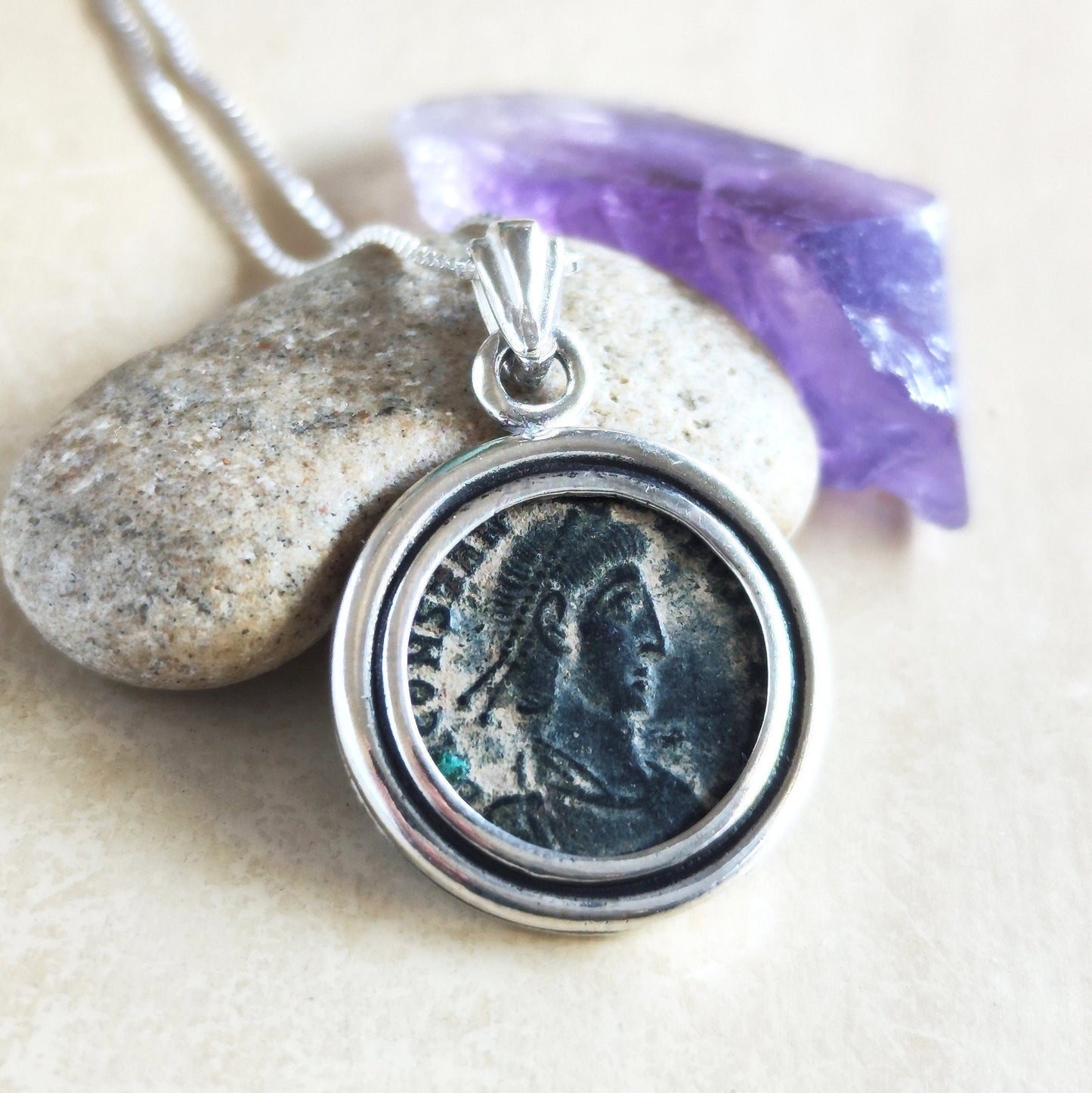 Roman Coin Silver Necklace, Antique Emperor Constantius Medallion, Men Coin Pendant, History Buff Jewelry, Unisex Bronze Coin Pendant