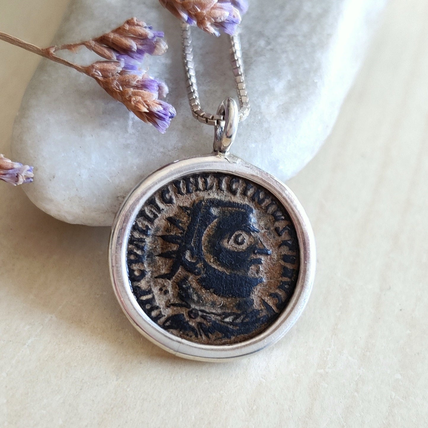 Coin necklace for men, Genuine Roman coin silver necklace, Emperor Licinius bronze coin pendant, vintage style jewelry, Antique unisex charm