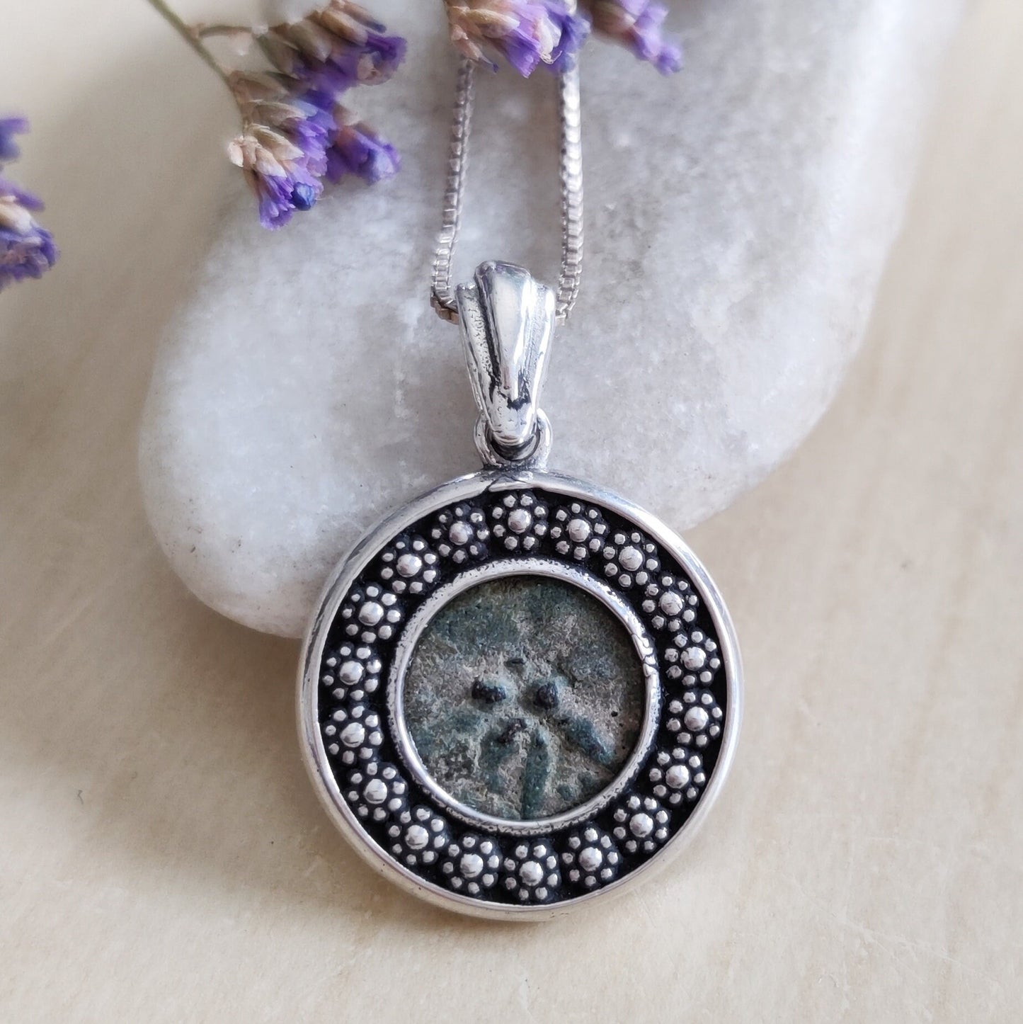 Certified Antique Widow's Mite Coin Christian Medallion, New Testament Christmas gift for her, nature flower jewelry