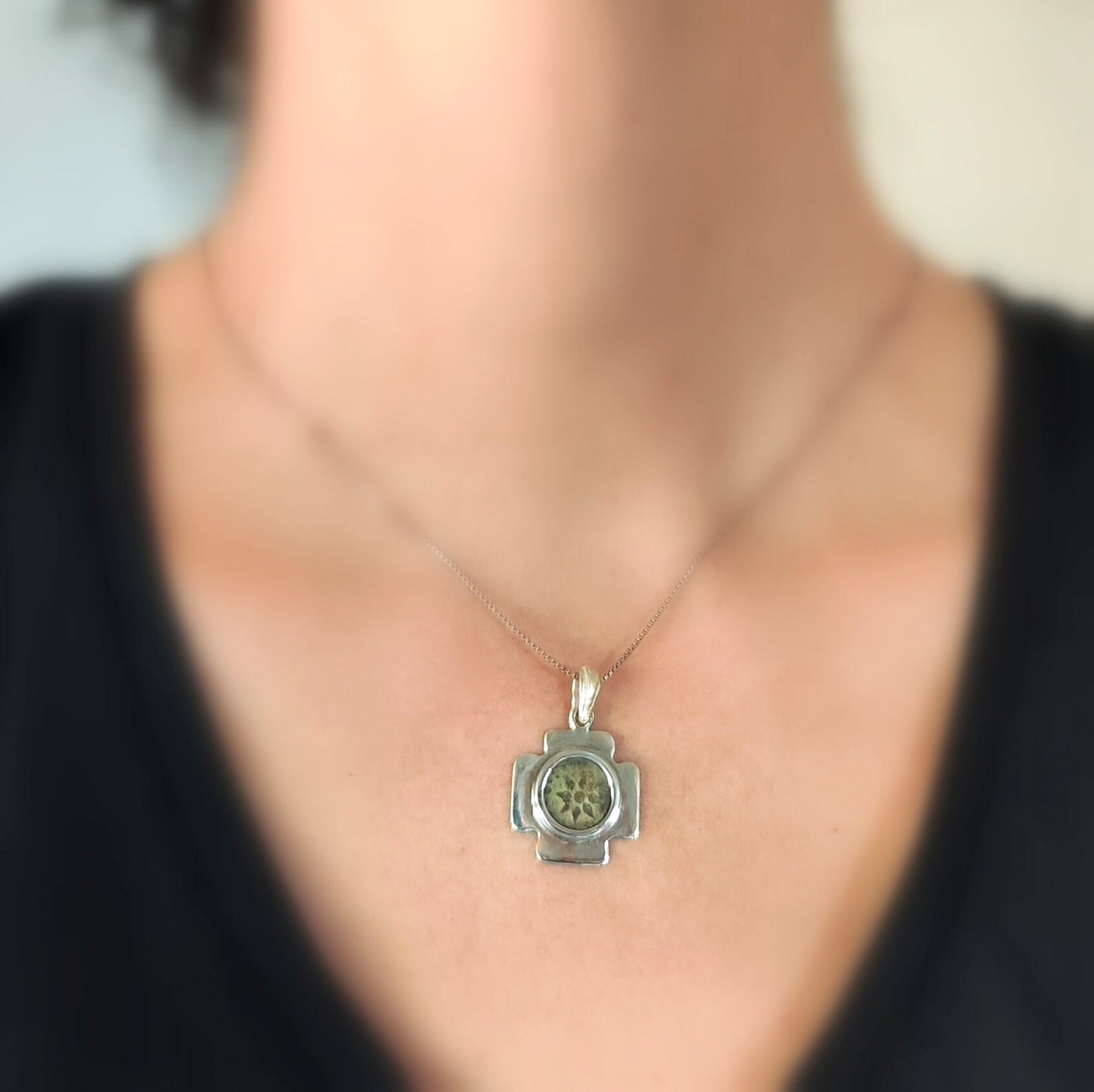Christian Cross Necklace, Antique Widow's Mite Coin Pendant, Jerusalem Jewelry Silver Pendant, Jesus Christ Coin, Christmas gift for Men