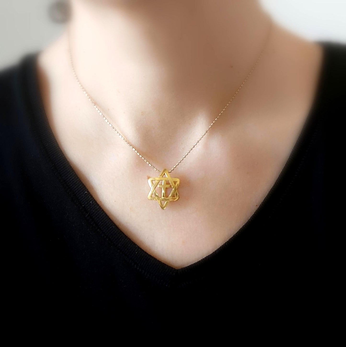 Star of David With Cross 3D necklace, Gold Plated Messianic Jewelry, Jewish Christian interfaith pendant