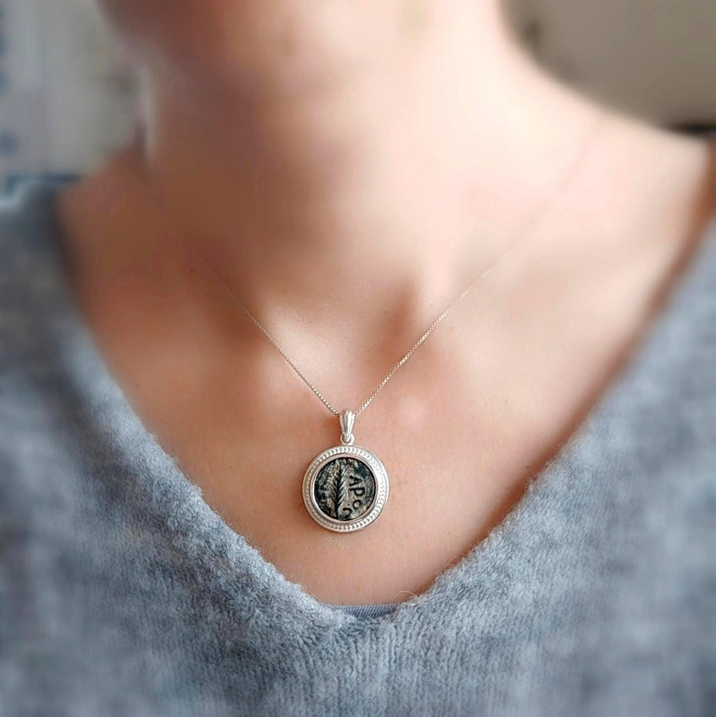 Antique Roman coin necklace, Emperor Nero Judea Province Coin, procurator Porcius Festus Silver medallion, Jewish Palm Coin Prutah charm