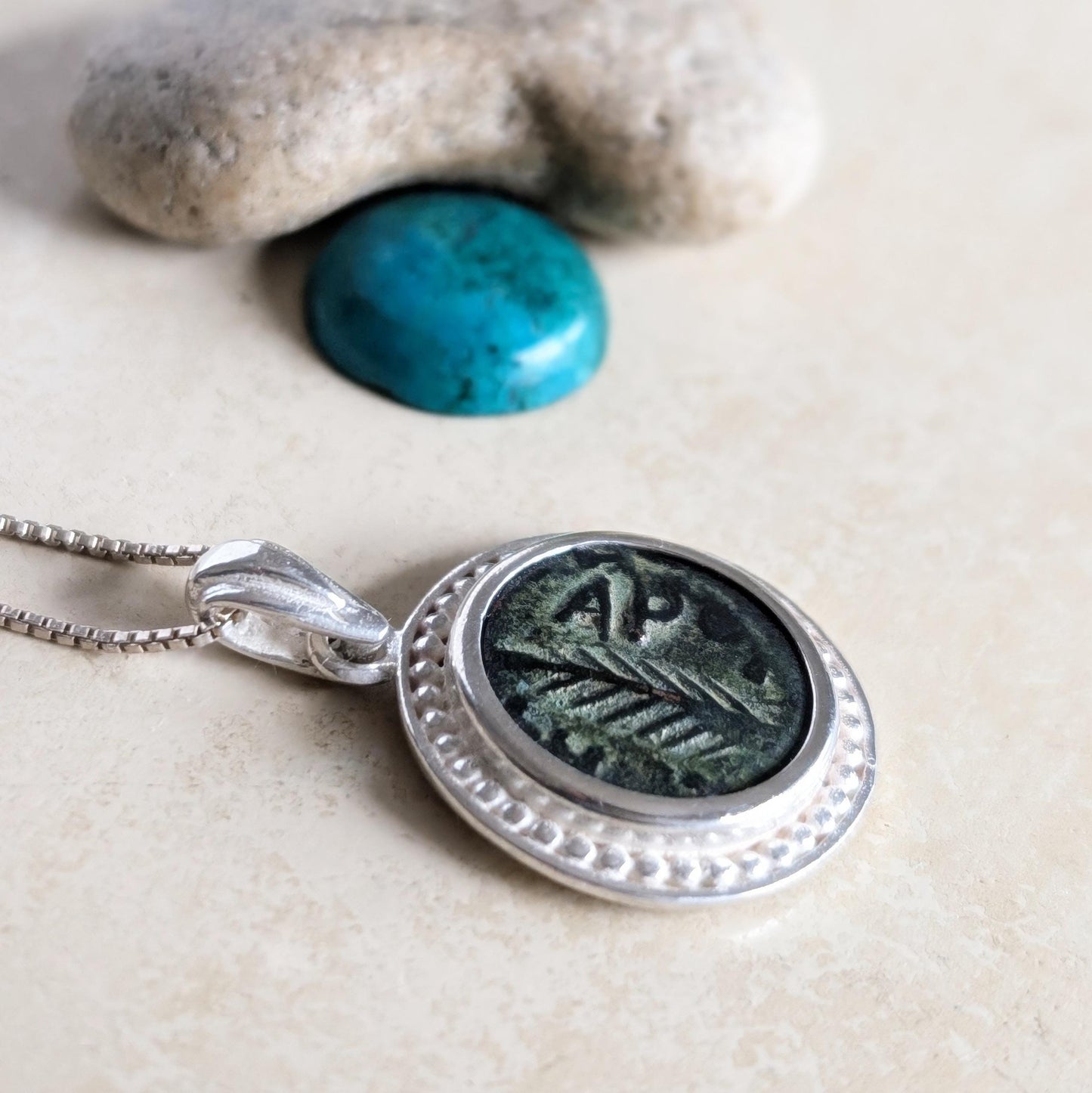 Antique Roman coin necklace, Emperor Nero Judea Province Coin, procurator Porcius Festus Silver medallion, Jewish Palm Coin Prutah charm